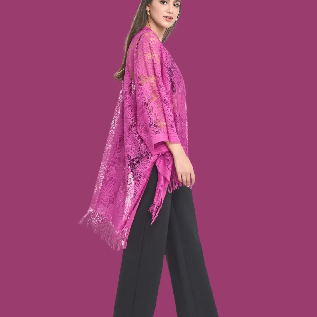 Leaf Pattern Lace Kimono - Berry