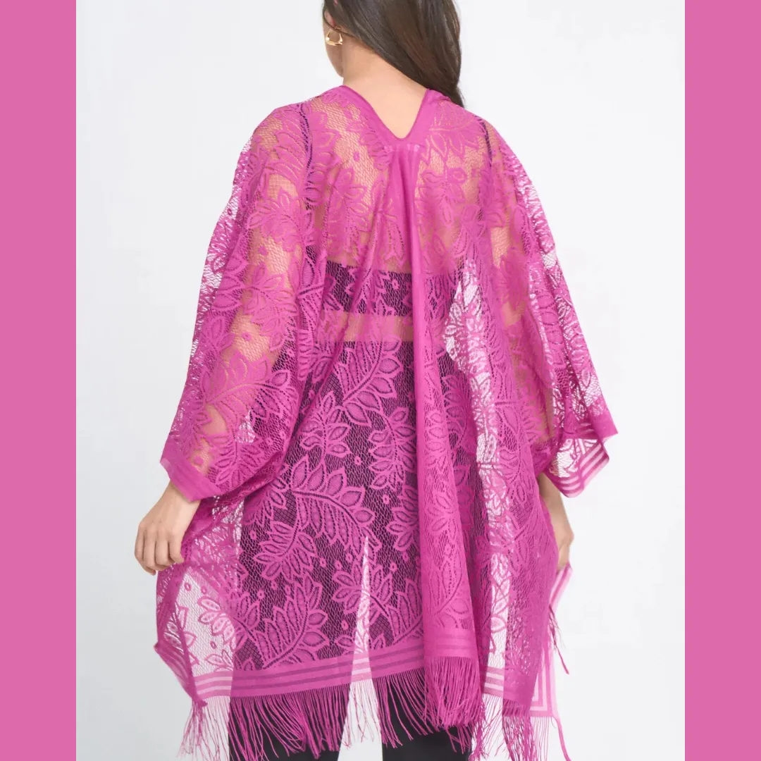 Leaf Pattern Lace Kimono - Berry