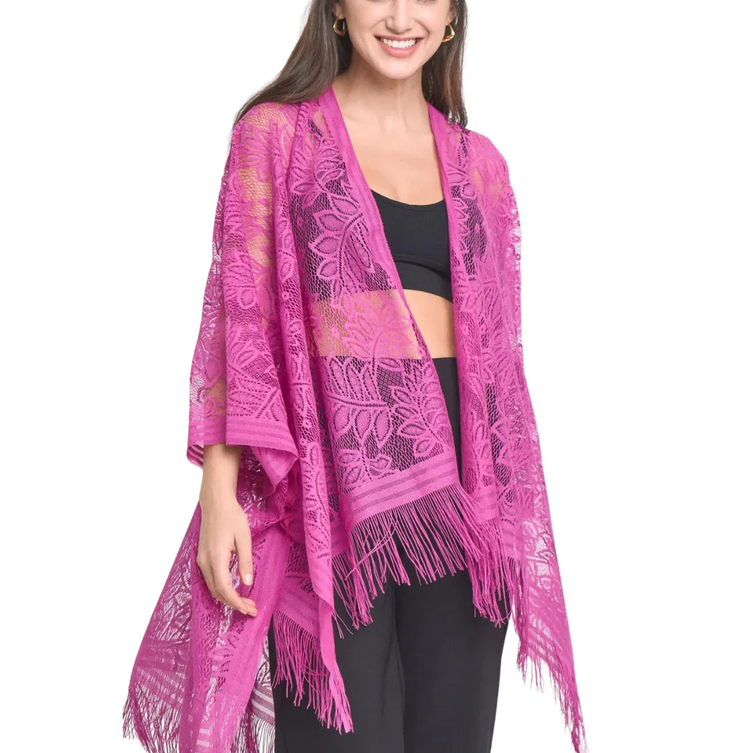 Leaf Pattern Lace Kimono - Berry