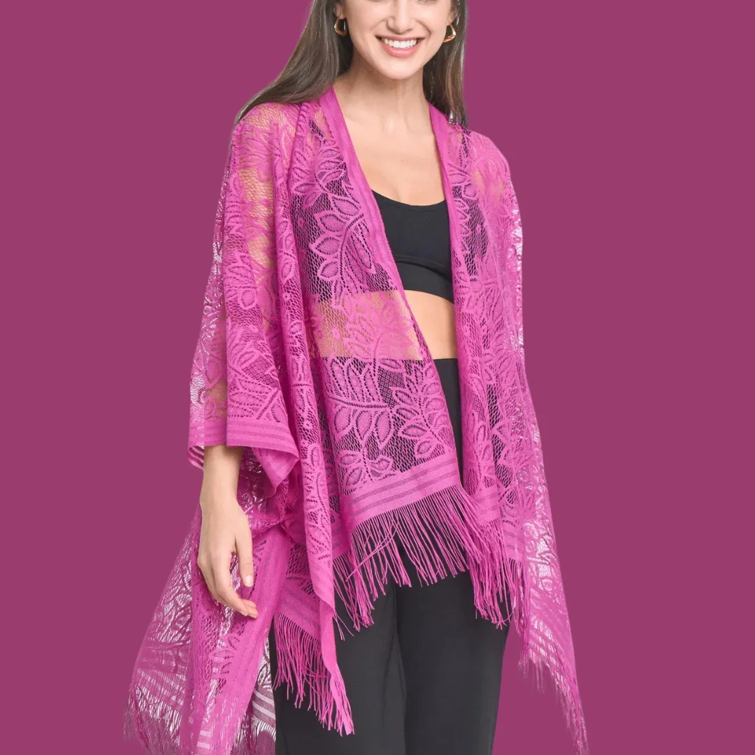 Leaf Pattern Lace Kimono - Berry