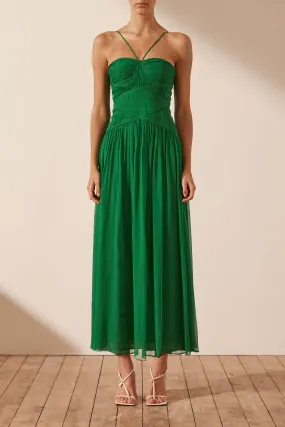 MALINA RUCHED BODICE MIDI DRESS - TREE GREEN