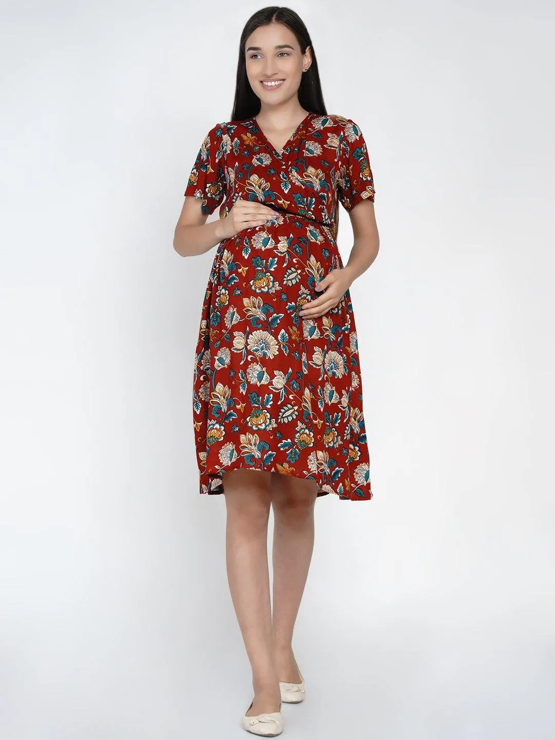 Maroon Floral wrap Midi Rayon Maternity & Nursing Dress