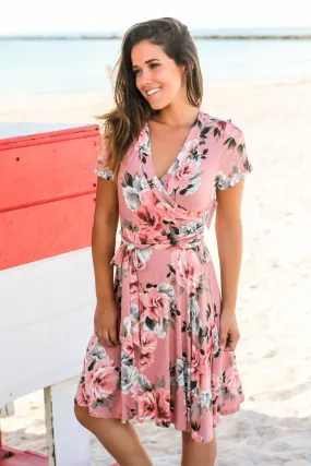 Mauve Floral Wrap Short Dress