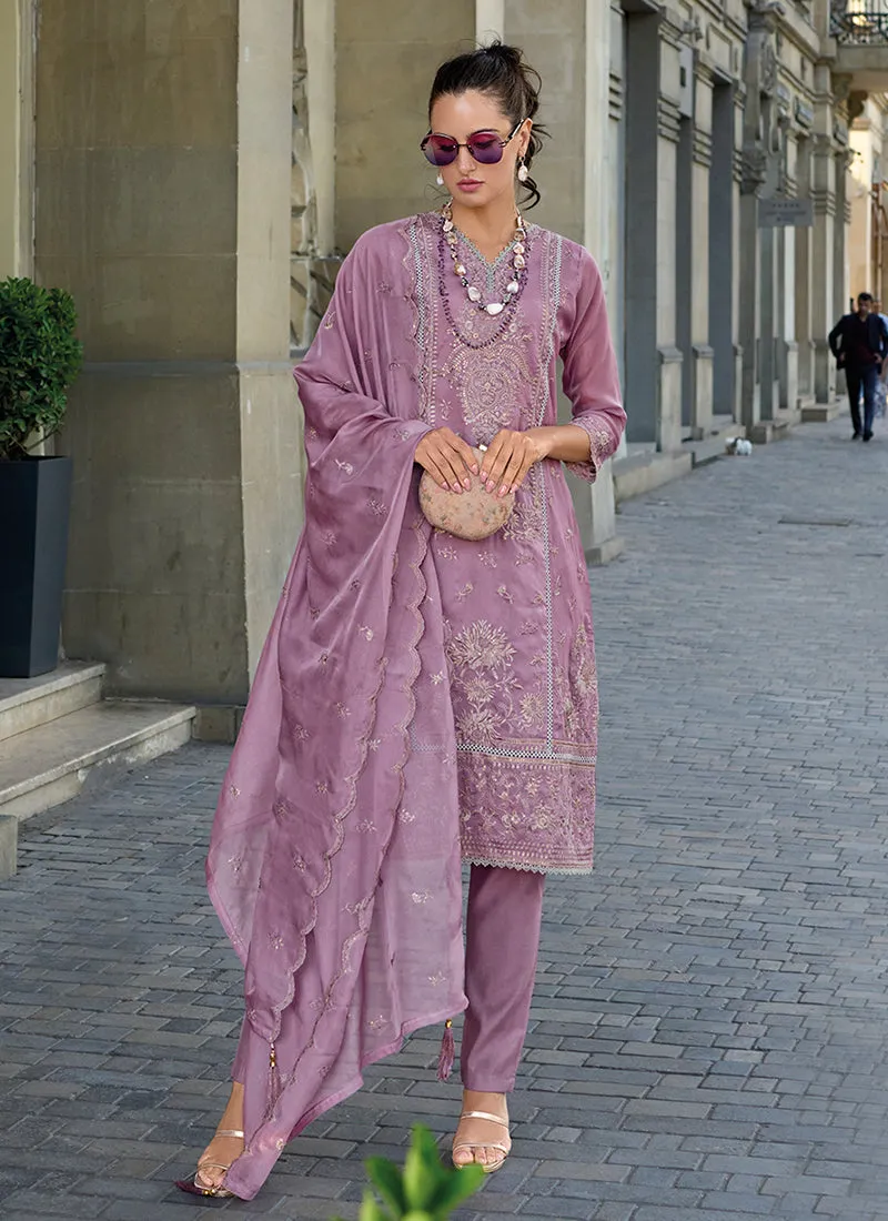 Mauve Purple Traditional Embroidery Pant Style Suit