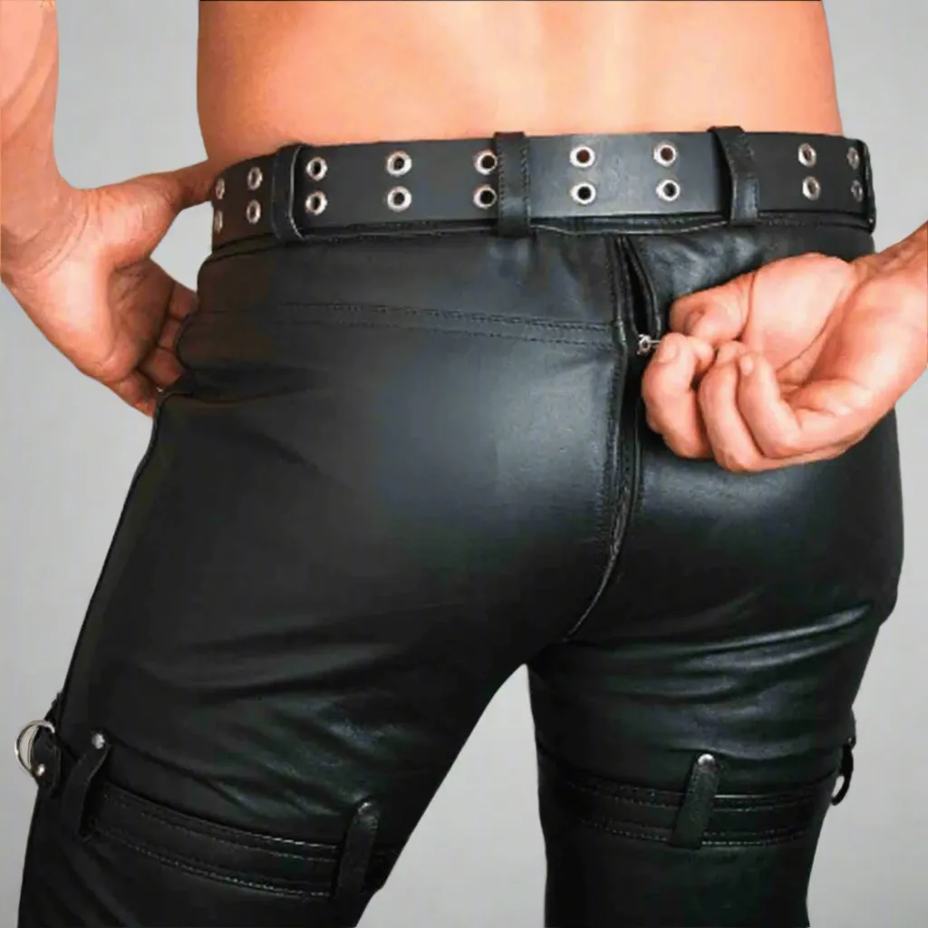 Mens Fetish Wear Black Leather Bondage Pants