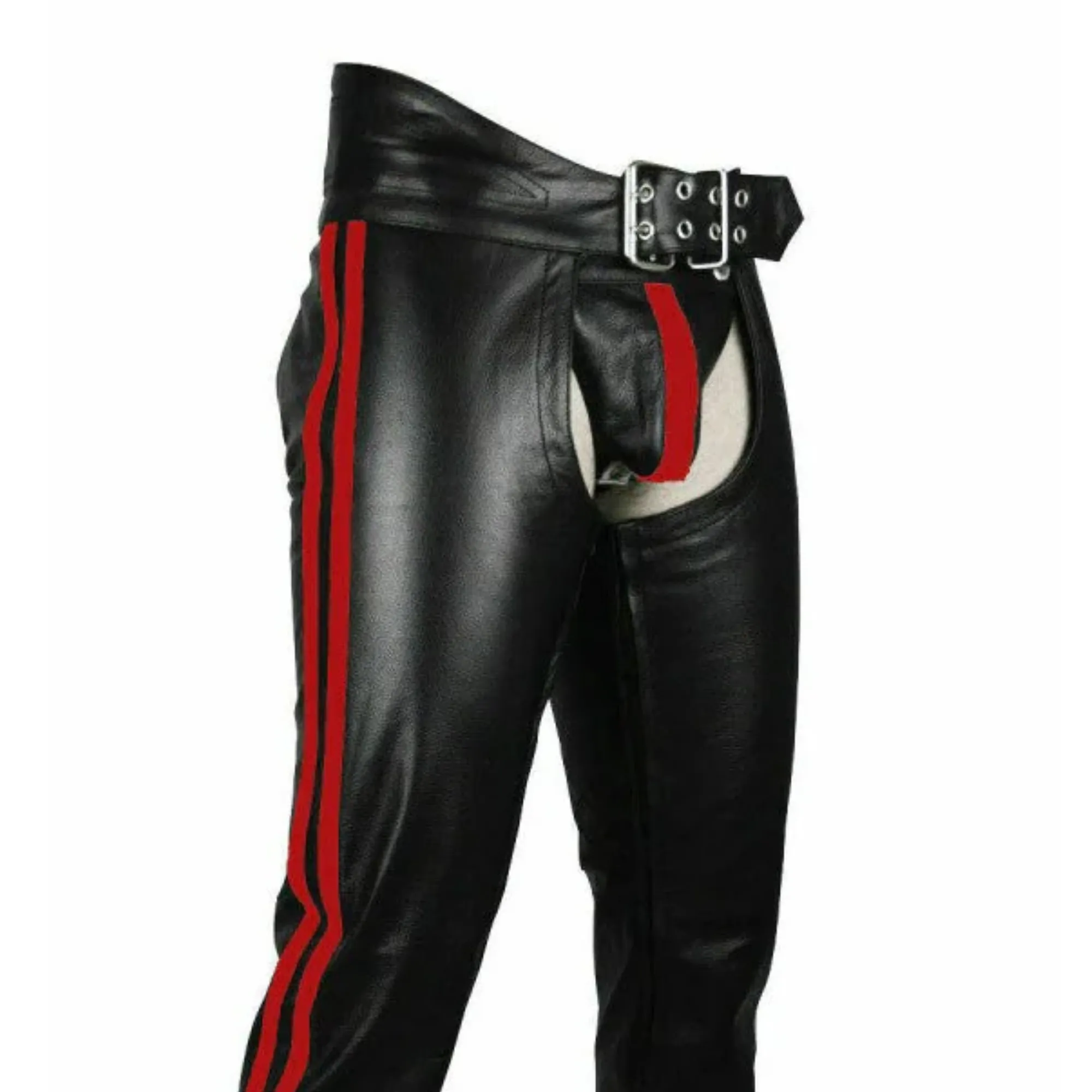 Mens Leather Chaps with Red Stripes and Belt