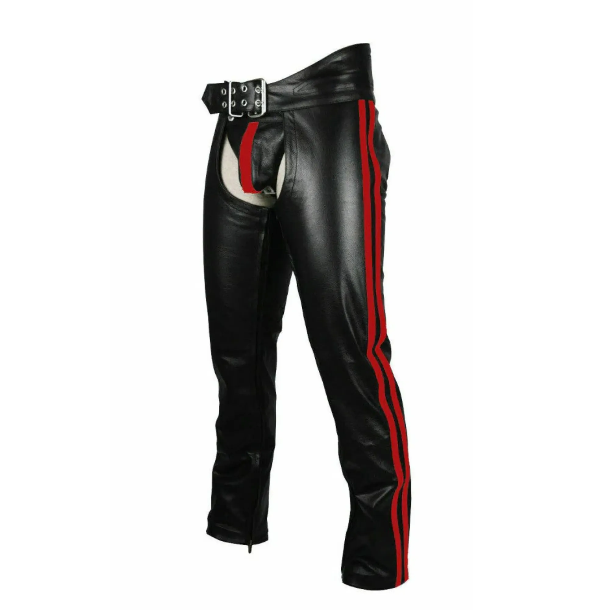 Mens Leather Chaps with Red Stripes and Belt