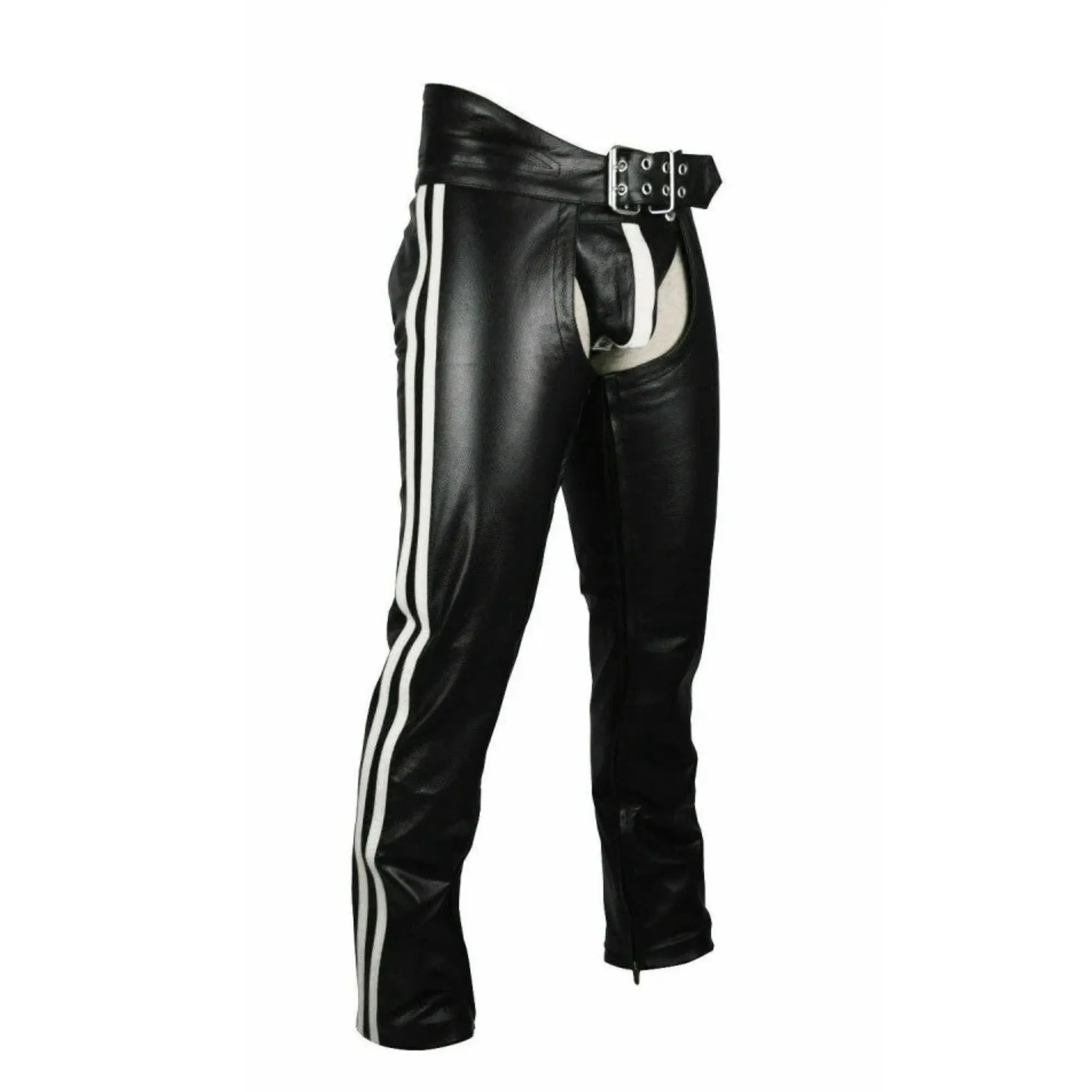 Mens Leather Chaps with White Stripes and Belt