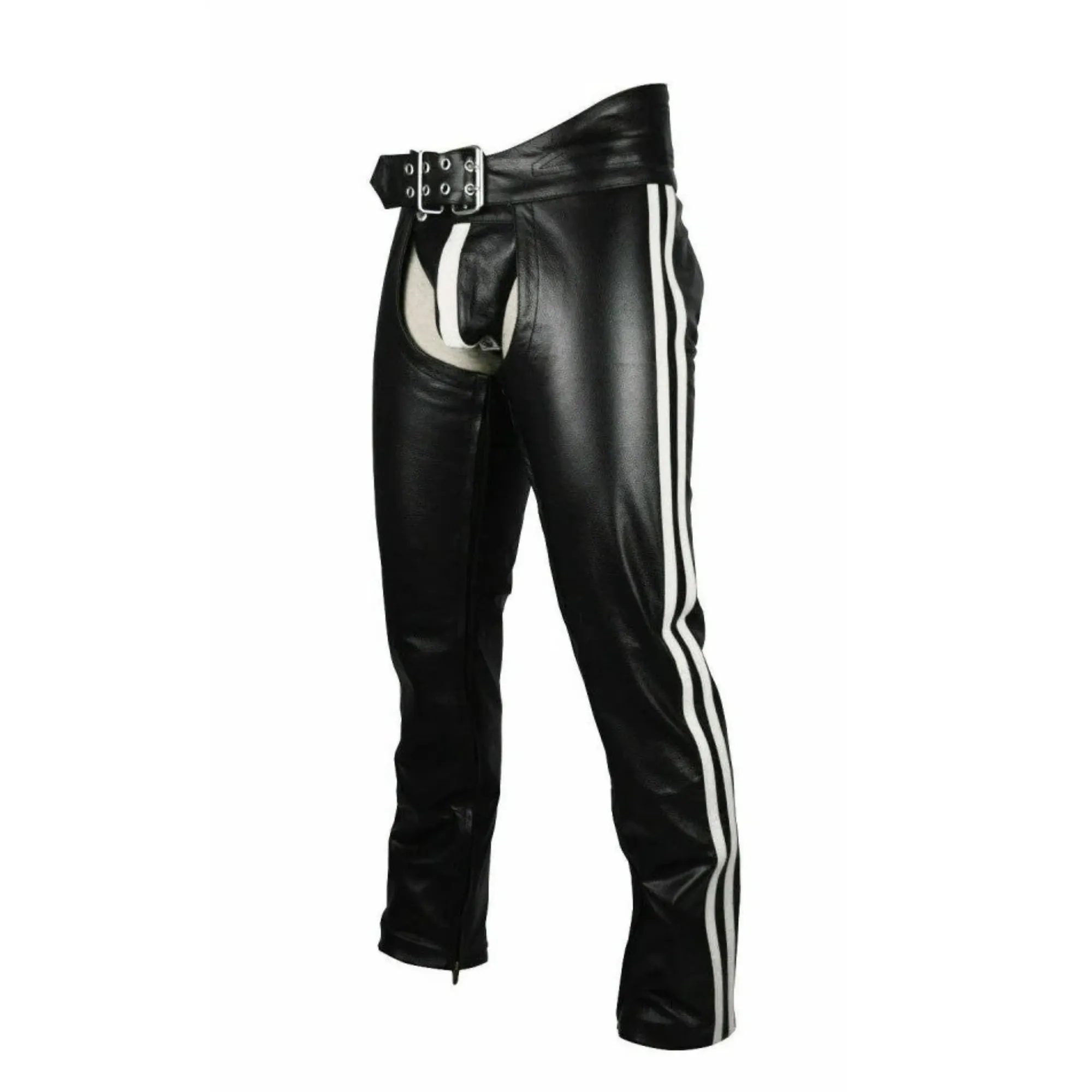 Mens Leather Chaps with White Stripes and Belt