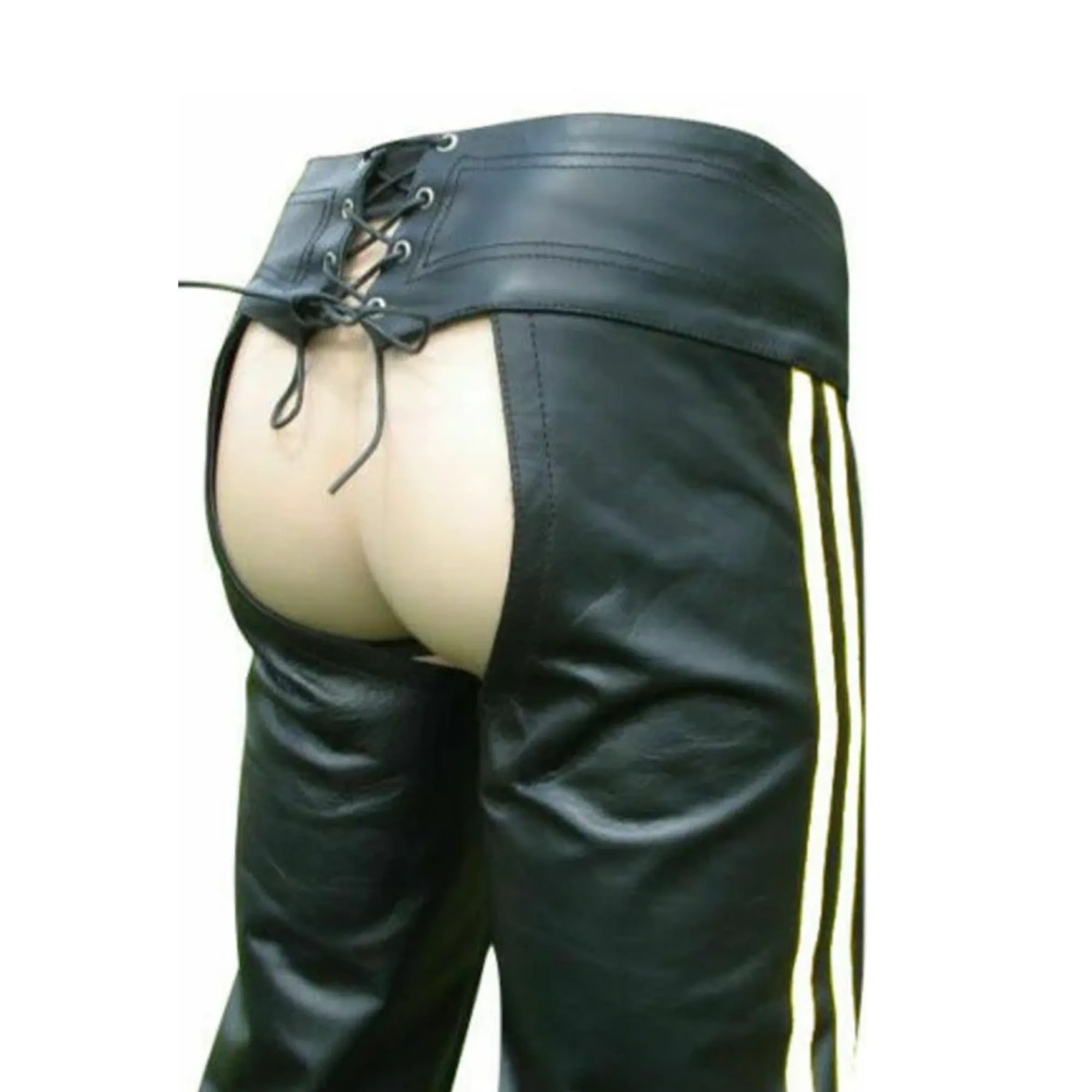 Mens Leather Chaps with White Stripes and Belt