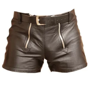 Mens Leather Shorts with Double Zippers