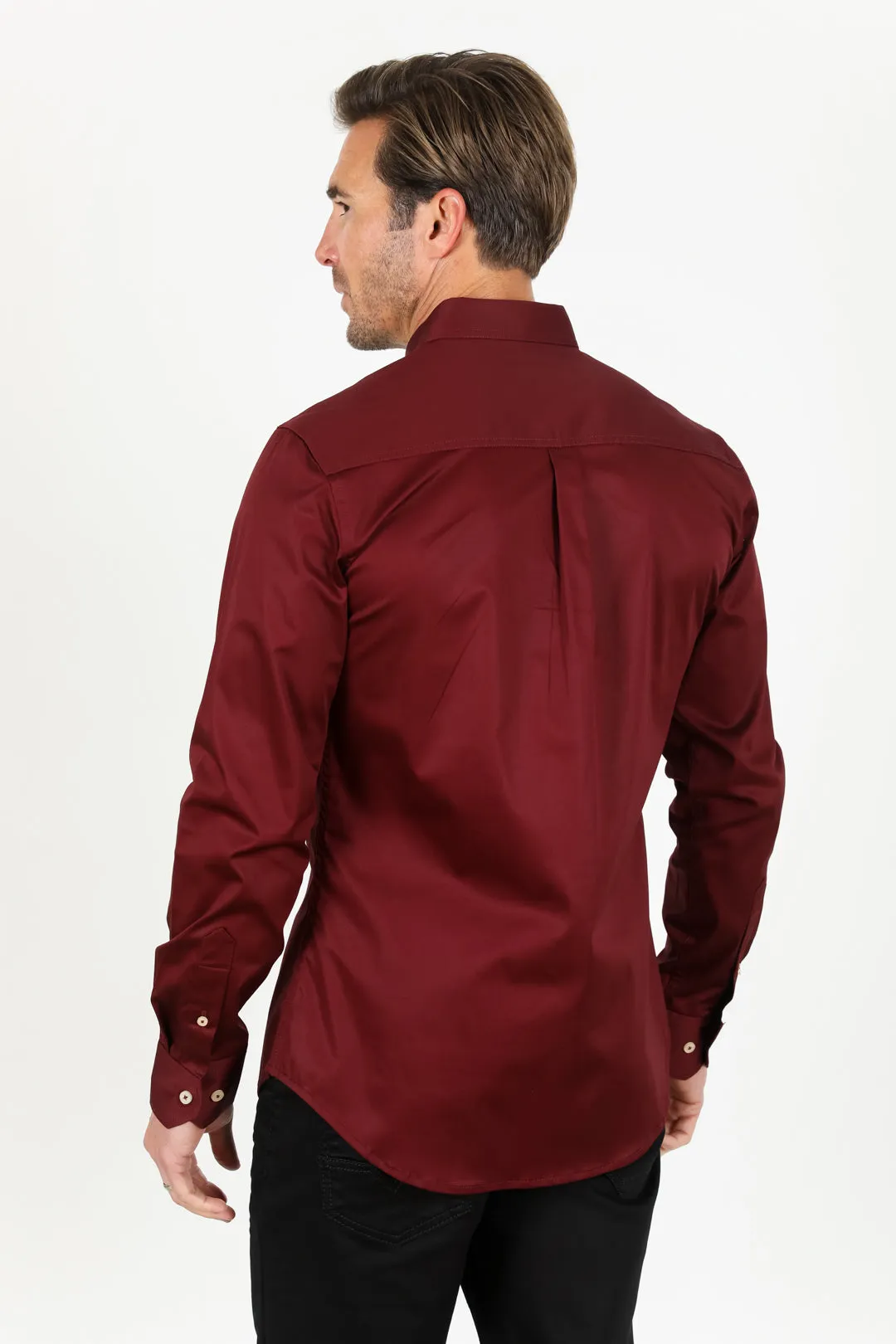 Men’s Single Pocket Logo Modern Fit Stretch Dress Shirt - Burgundy