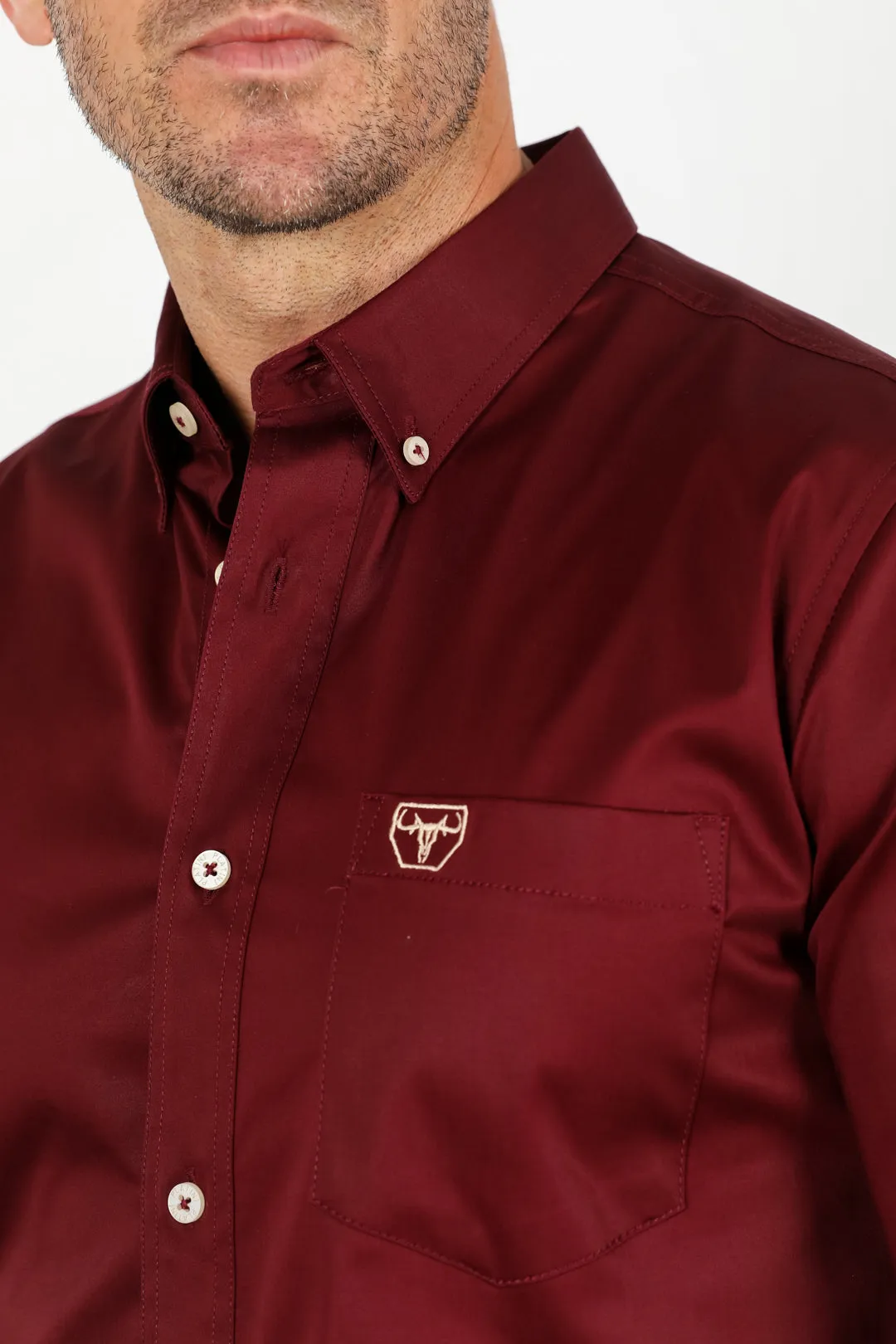 Men’s Single Pocket Logo Modern Fit Stretch Dress Shirt - Burgundy