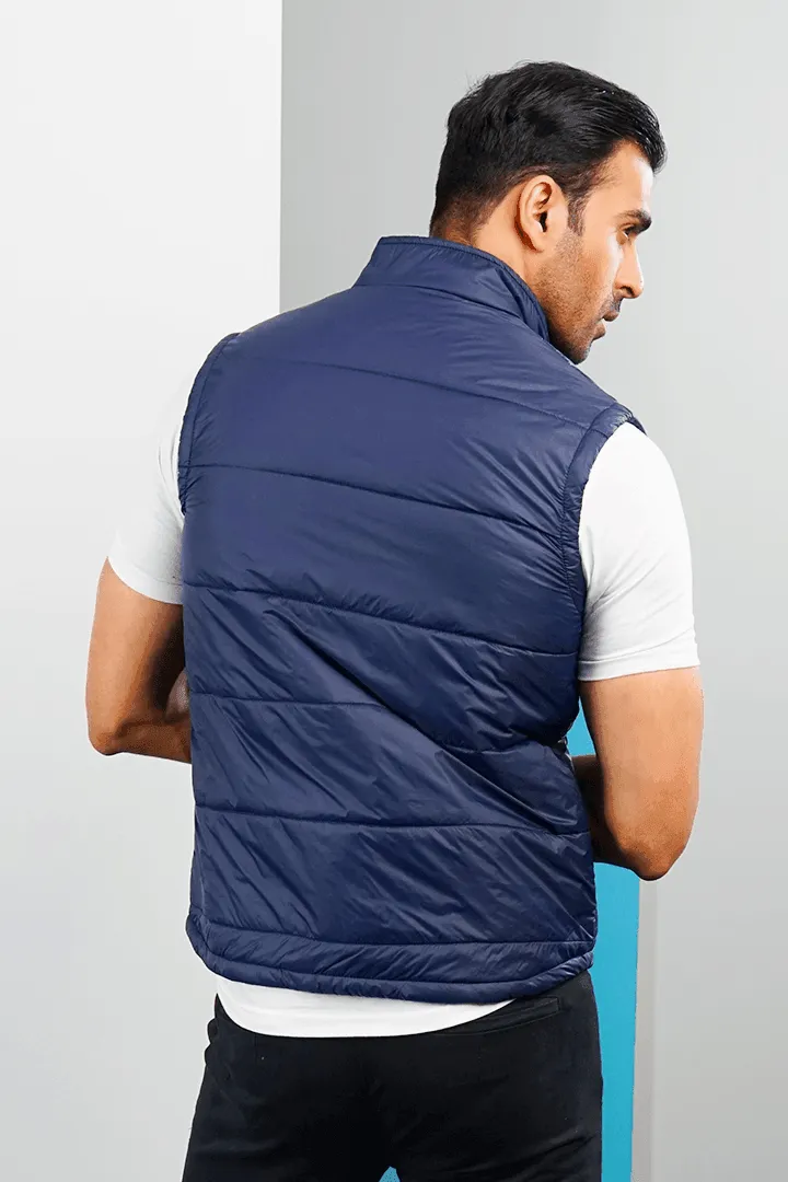 Metallic Navy Sleeveless Puffer Jacket