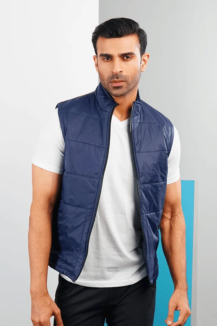 Metallic Navy Sleeveless Puffer Jacket