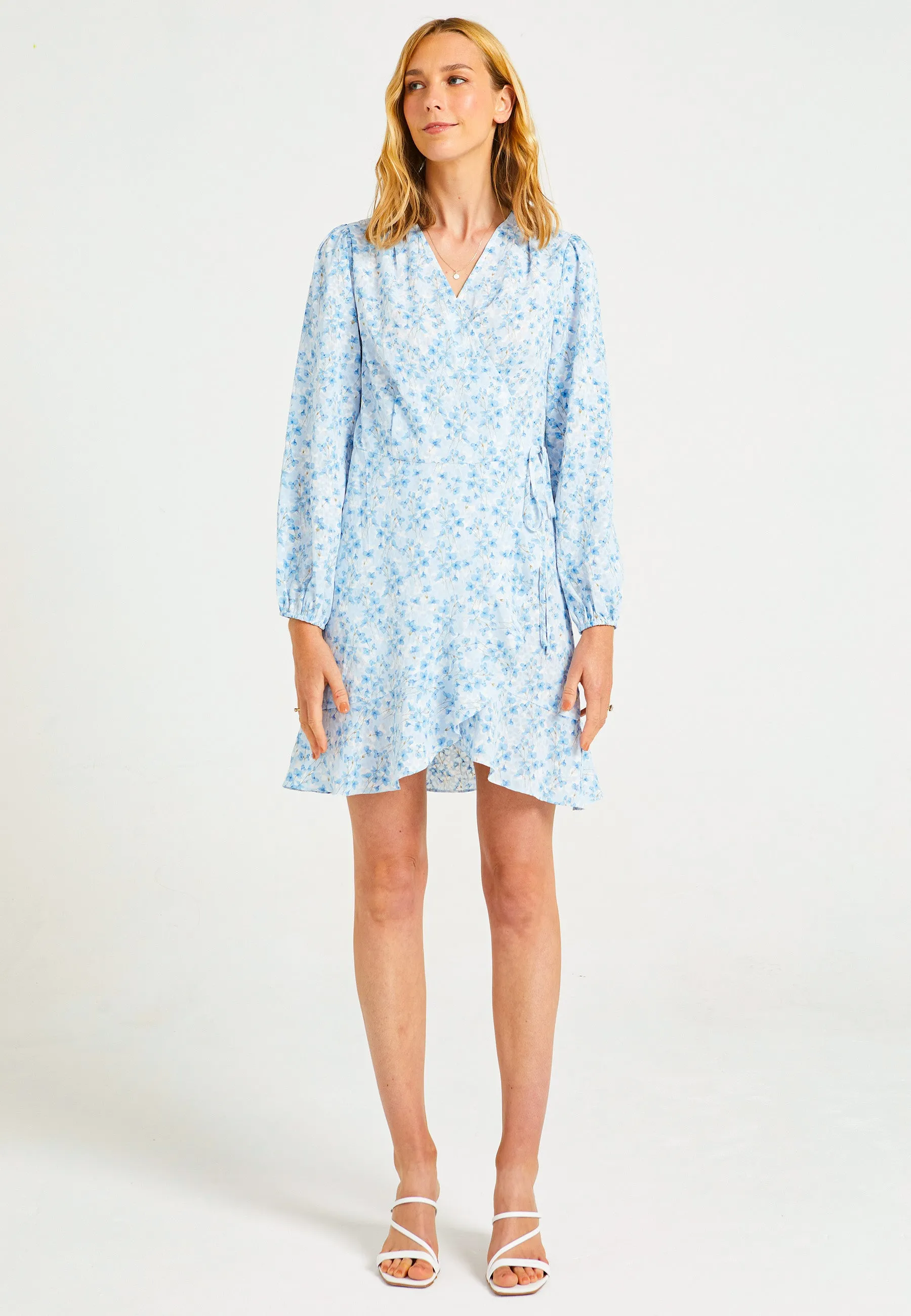 Mini Wrap Summer Dress in Blue Ditsy Floral Print