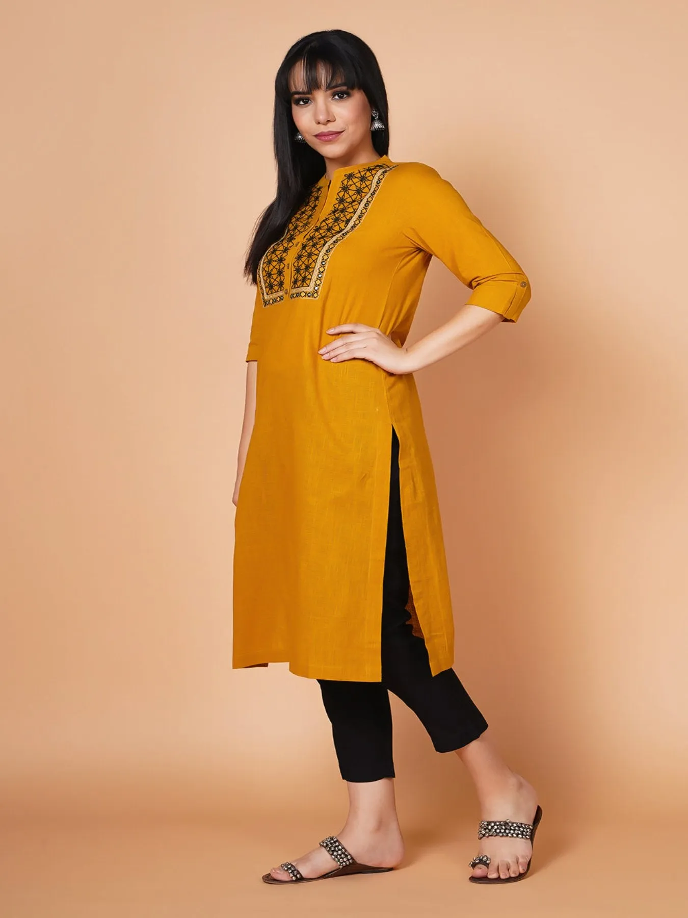 Mustard Yoke Embroidered Straight-fit Kurta 