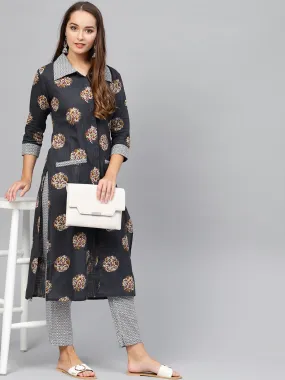 Navy Blue & White Printed Kurta