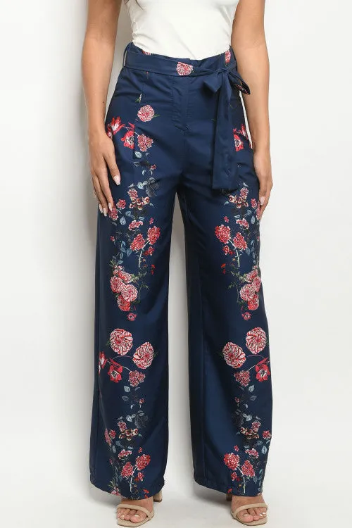 Navy Blue Floral Wide Leg Pants