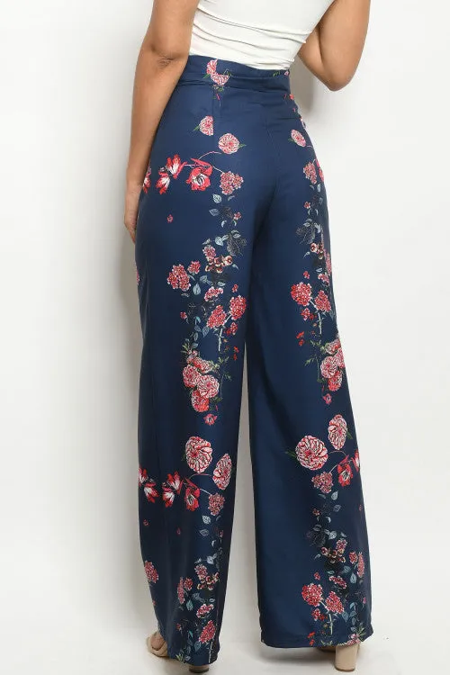 Navy Blue Floral Wide Leg Pants