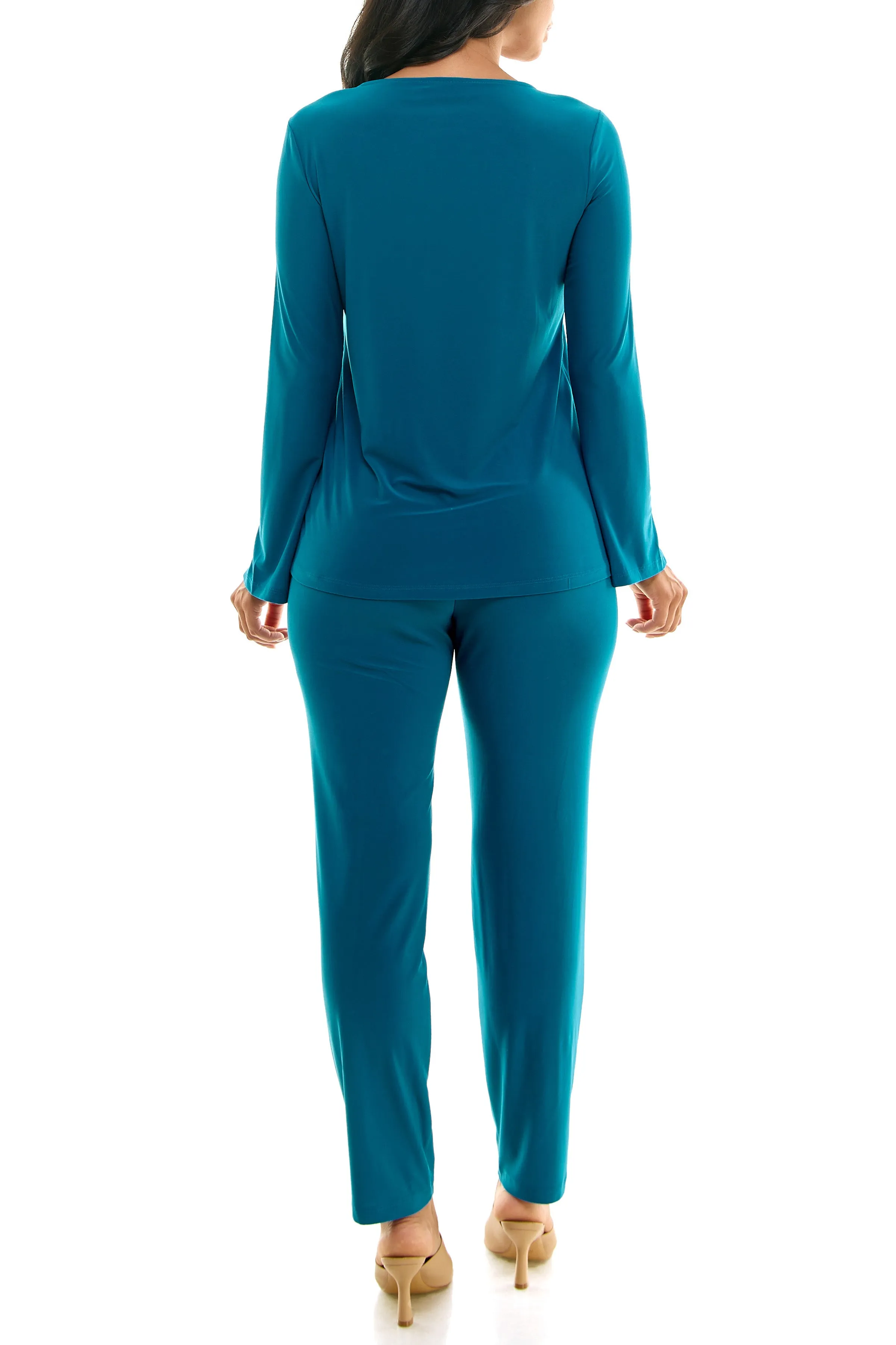 Nina Leonard Scoop Neck Embellished Shoulder Long Sleeve With Elastic Waist Pant