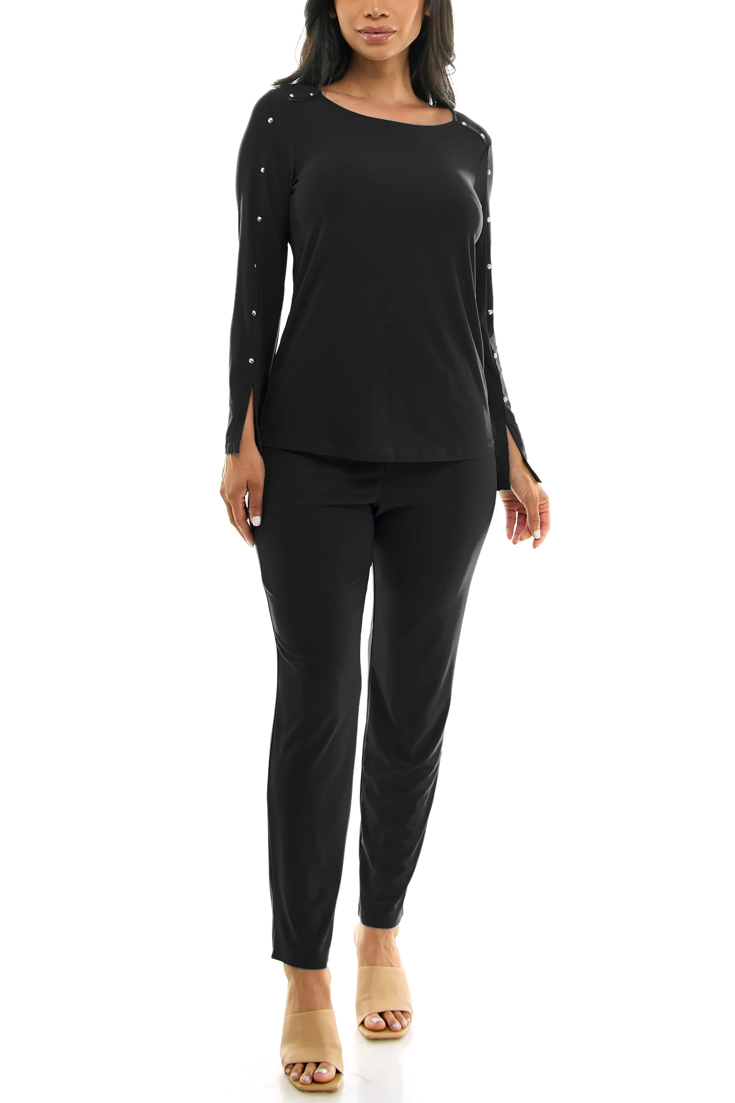 Nina Leonard Scoop Neck Embellished Shoulder Long Sleeve With Elastic Waist Pant