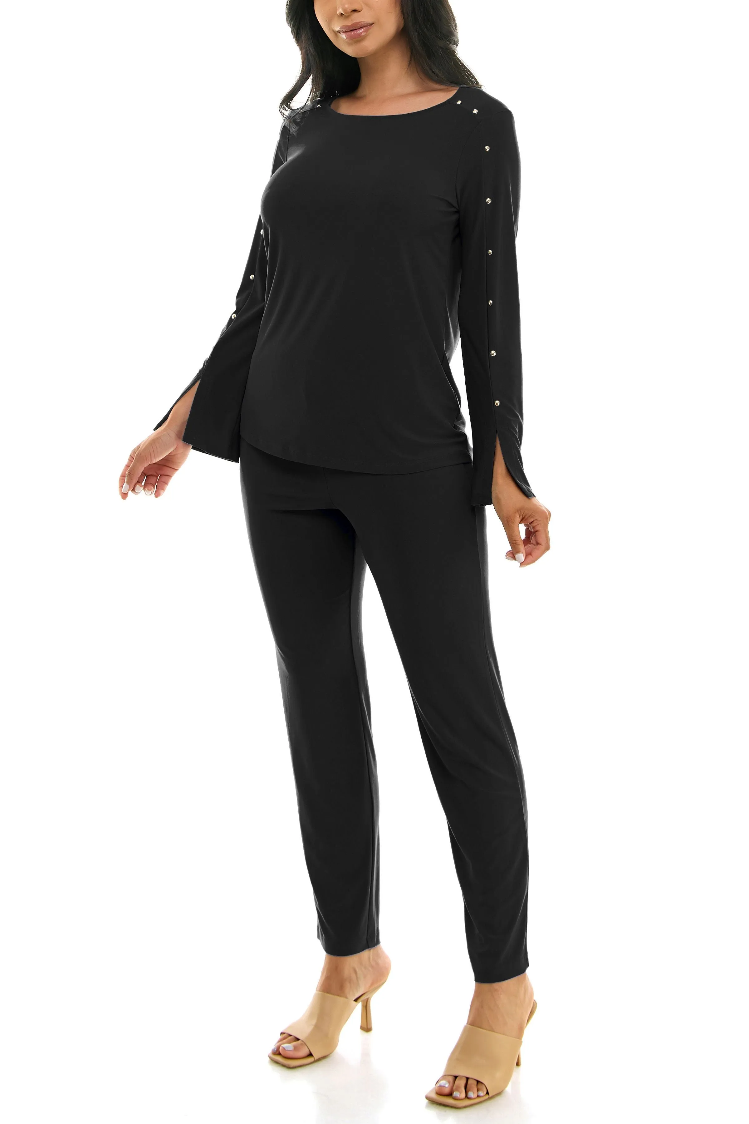 Nina Leonard Scoop Neck Embellished Shoulder Long Sleeve With Elastic Waist Pant