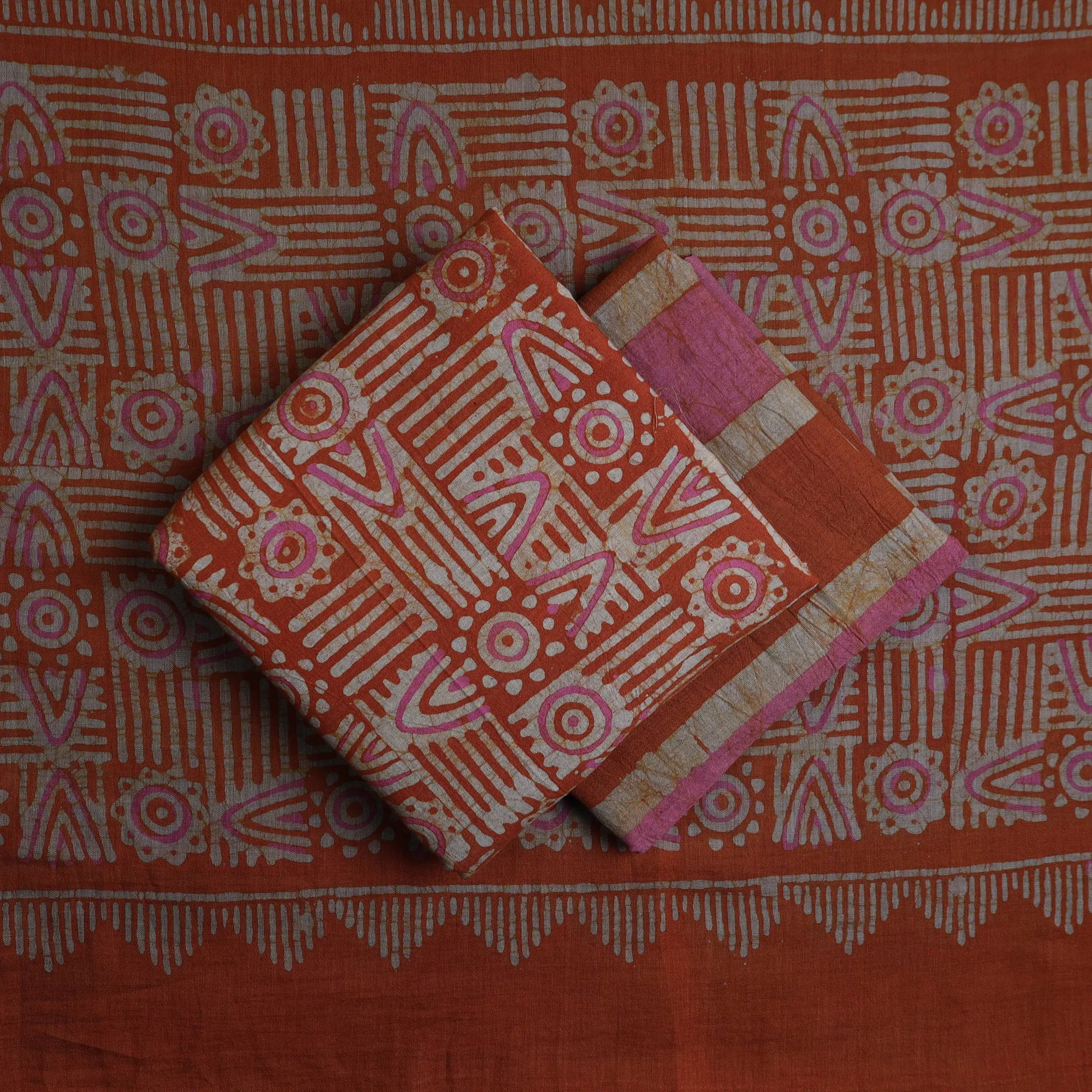 Orange - Kutch Print Cotton 3pc Batik Dress Material 14