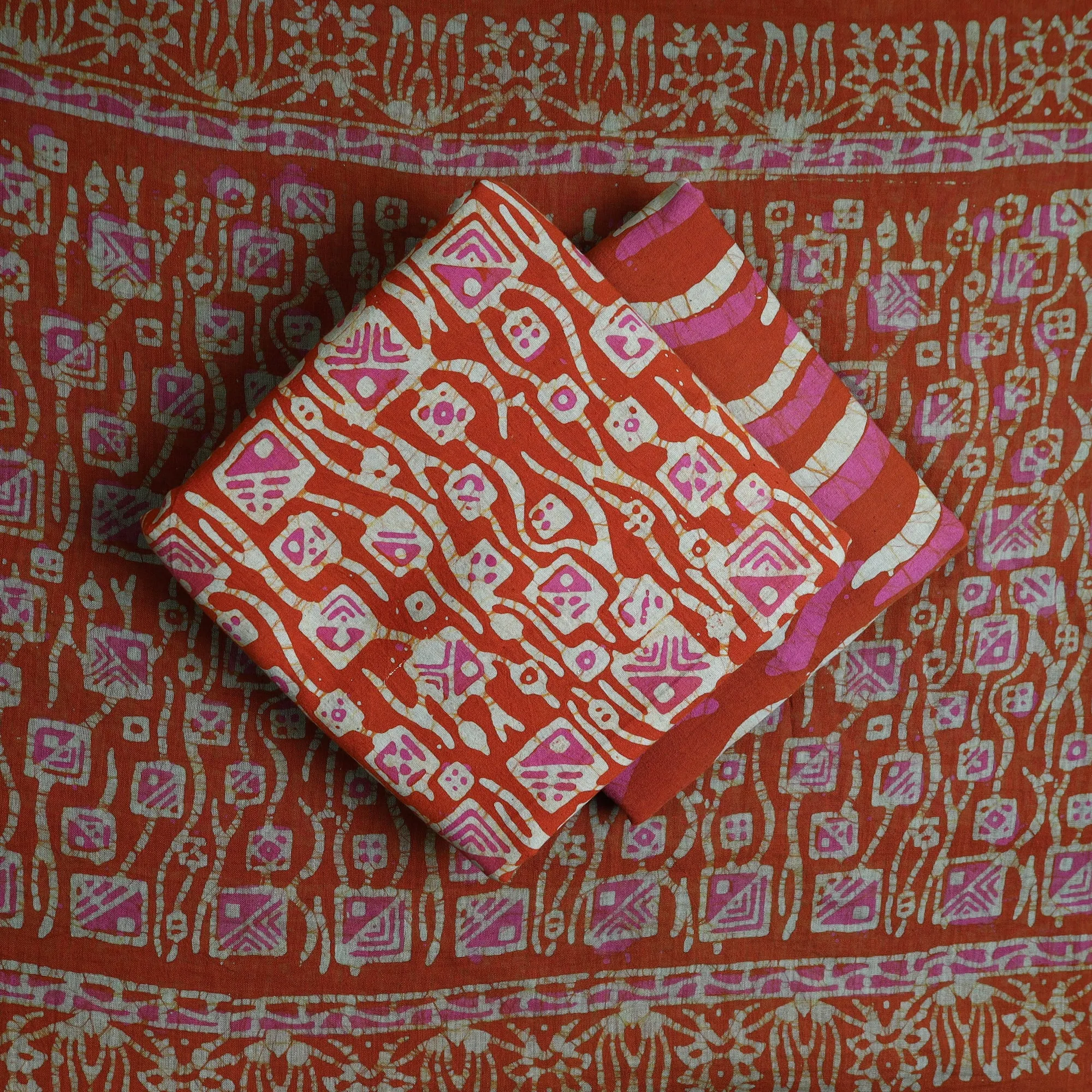 Orange - Kutch Print Cotton 3pc Batik Dress Material 22