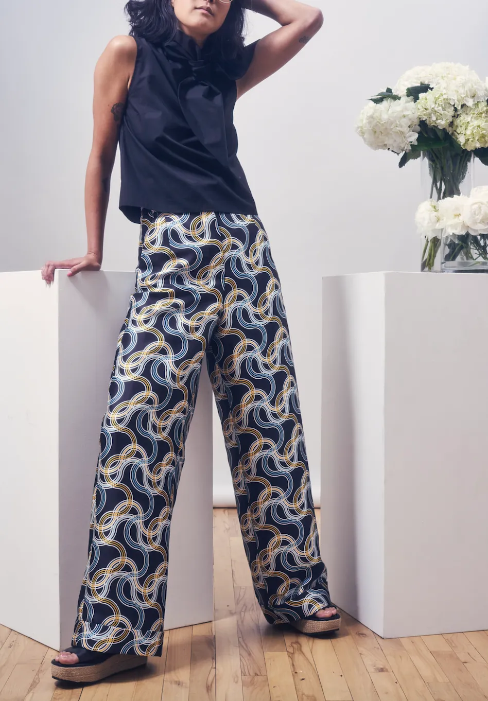 Pasta Print Silk Mikado Trousers in Black