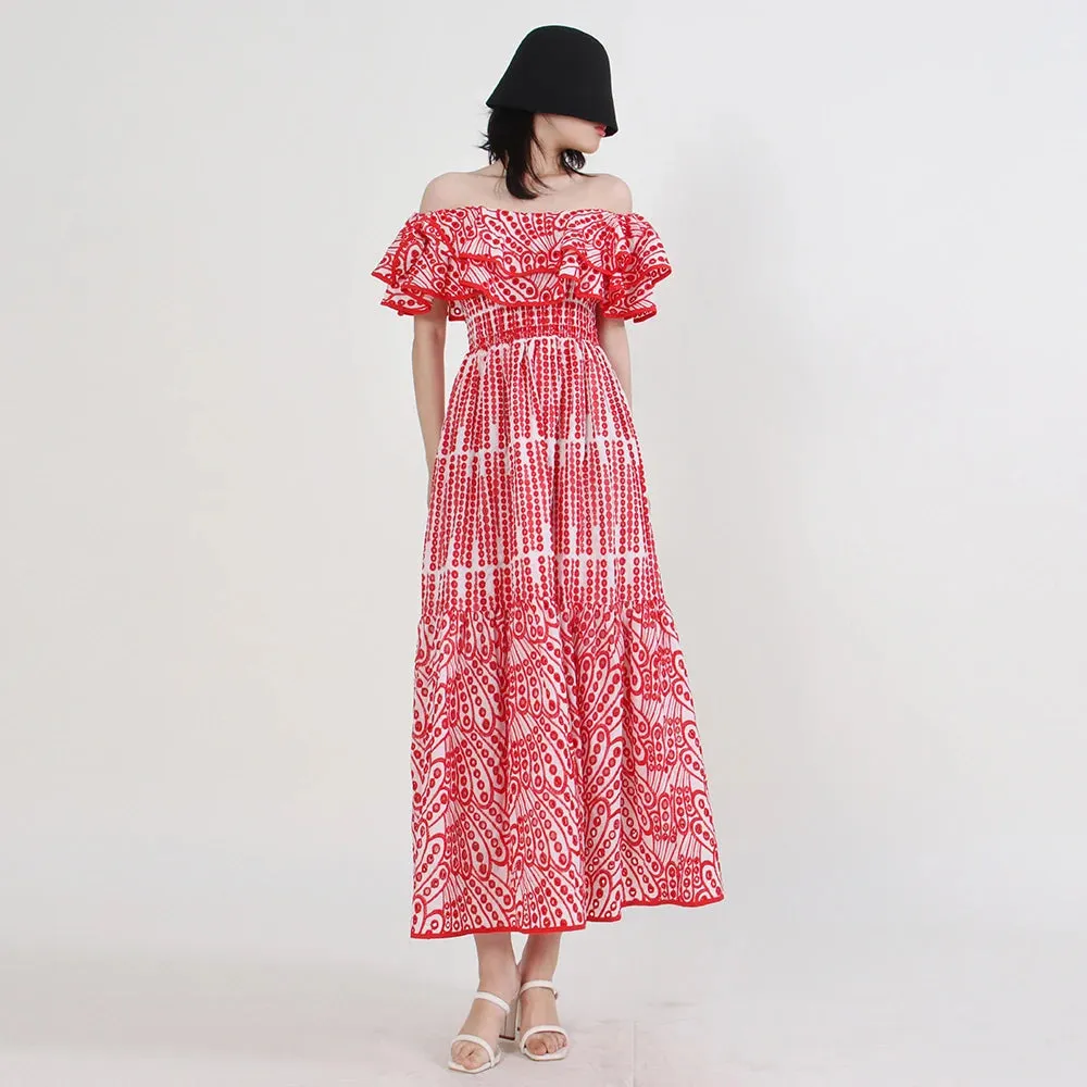 Patchwork Embroidery Long Dress For Women Slash Neck Short Sleeve High Waist Cut Out Midi Dresses Female Fashion Summer New