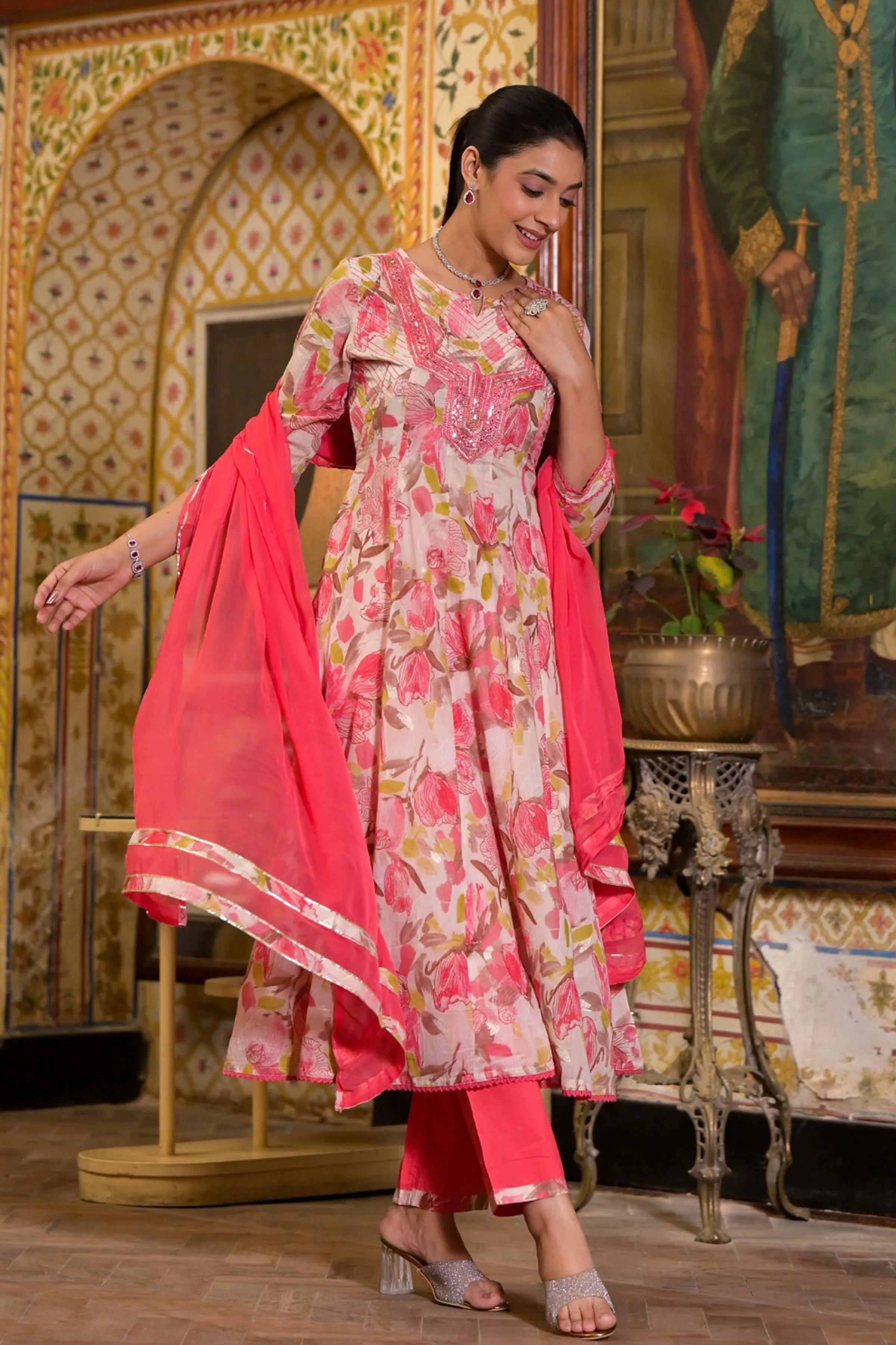 Peachy Olive Floral Anarkali Set