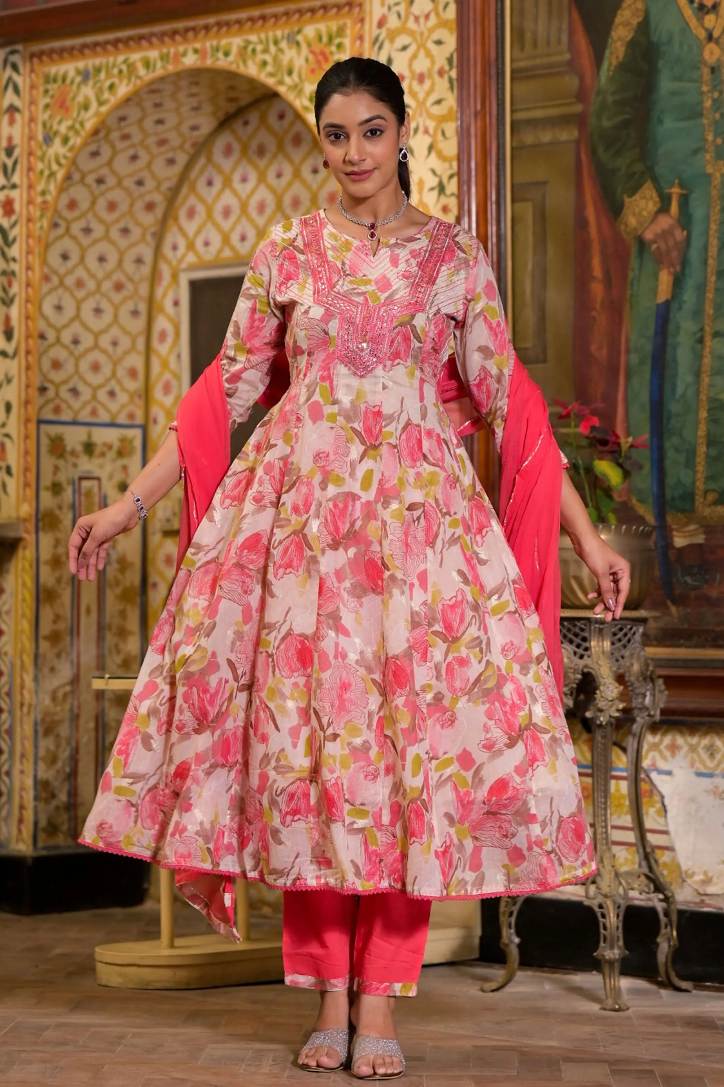 Peachy Olive Floral Anarkali Set