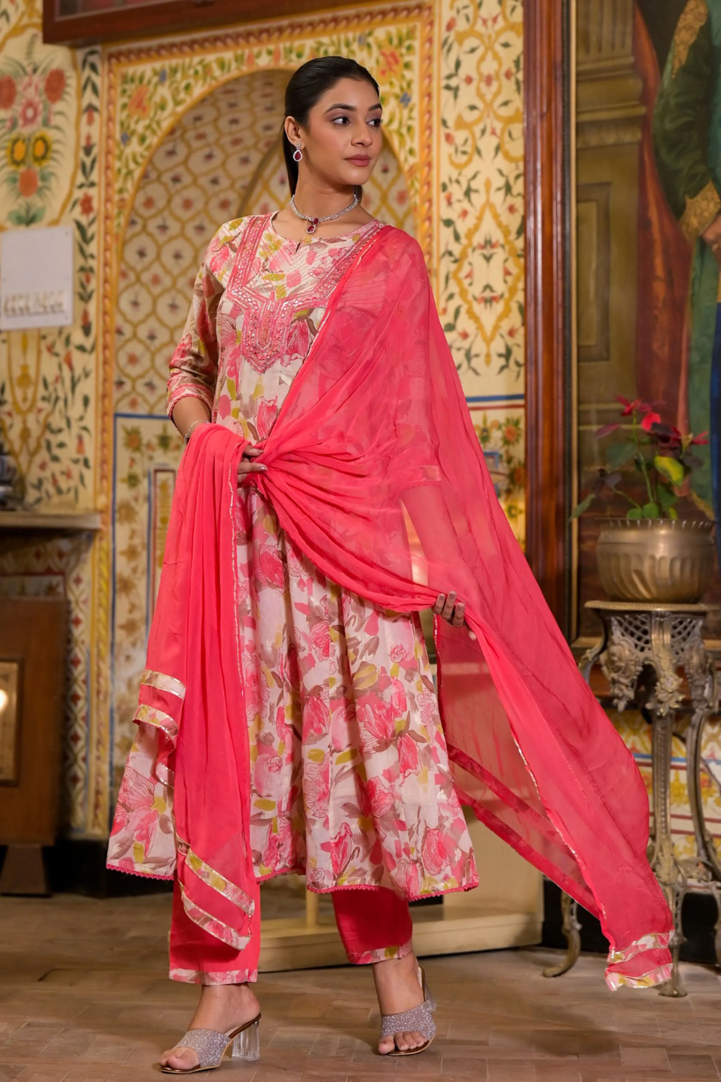 Peachy Olive Floral Anarkali Set