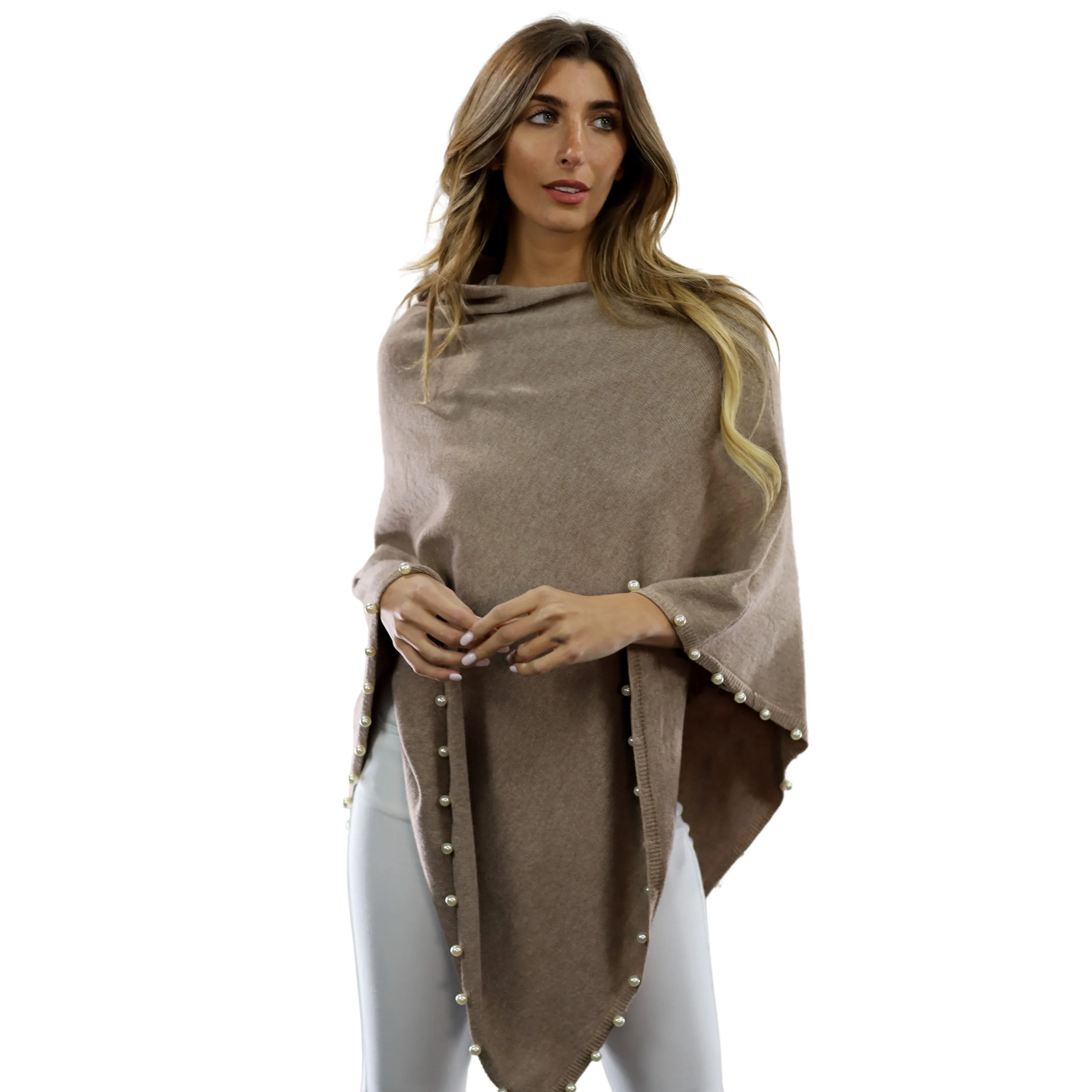 Pearl Trim Poncho - Oatmeal