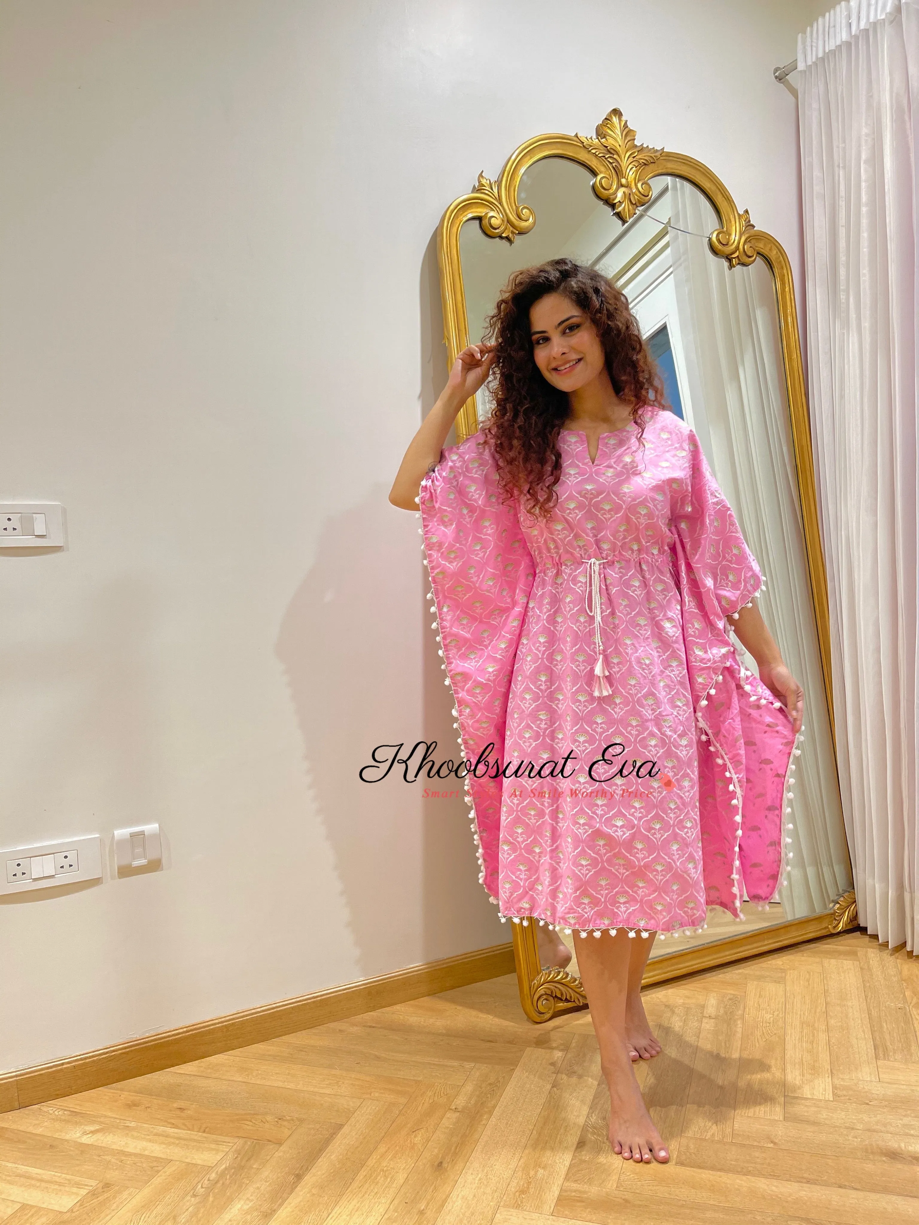 Pink And White Printed Kaftan