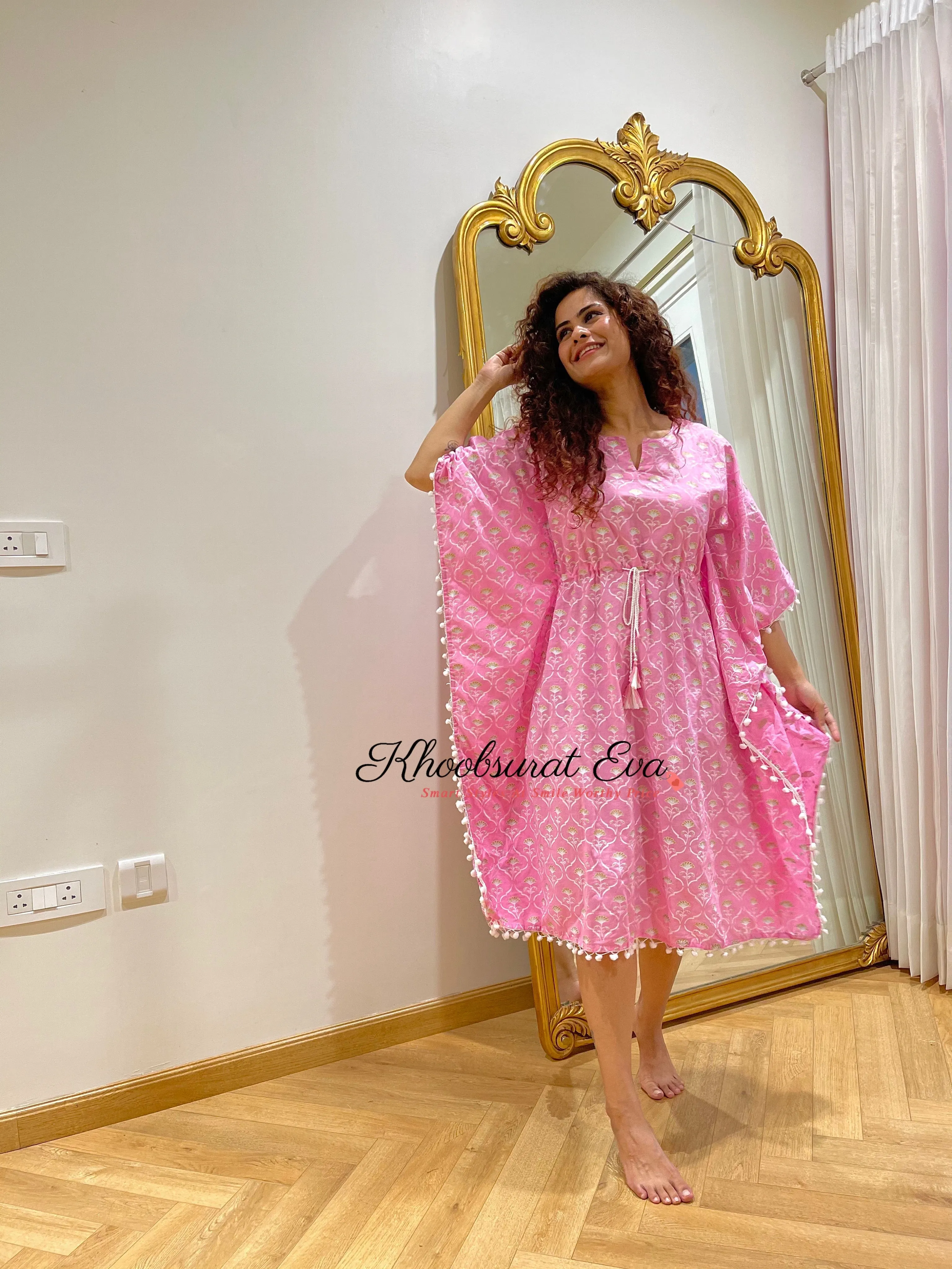 Pink And White Printed Kaftan