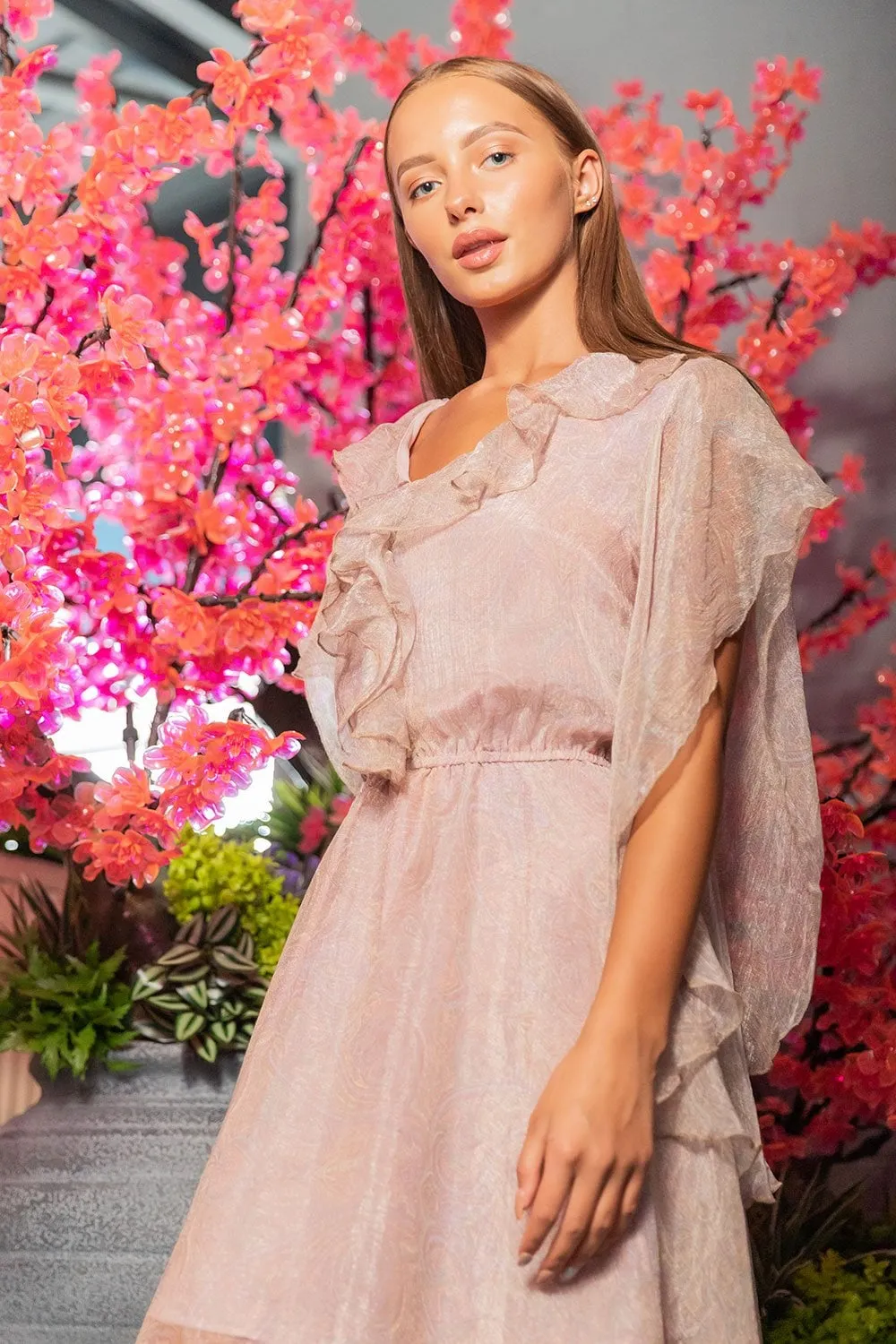 Pink Paisley Frill Neck Floaty Dress