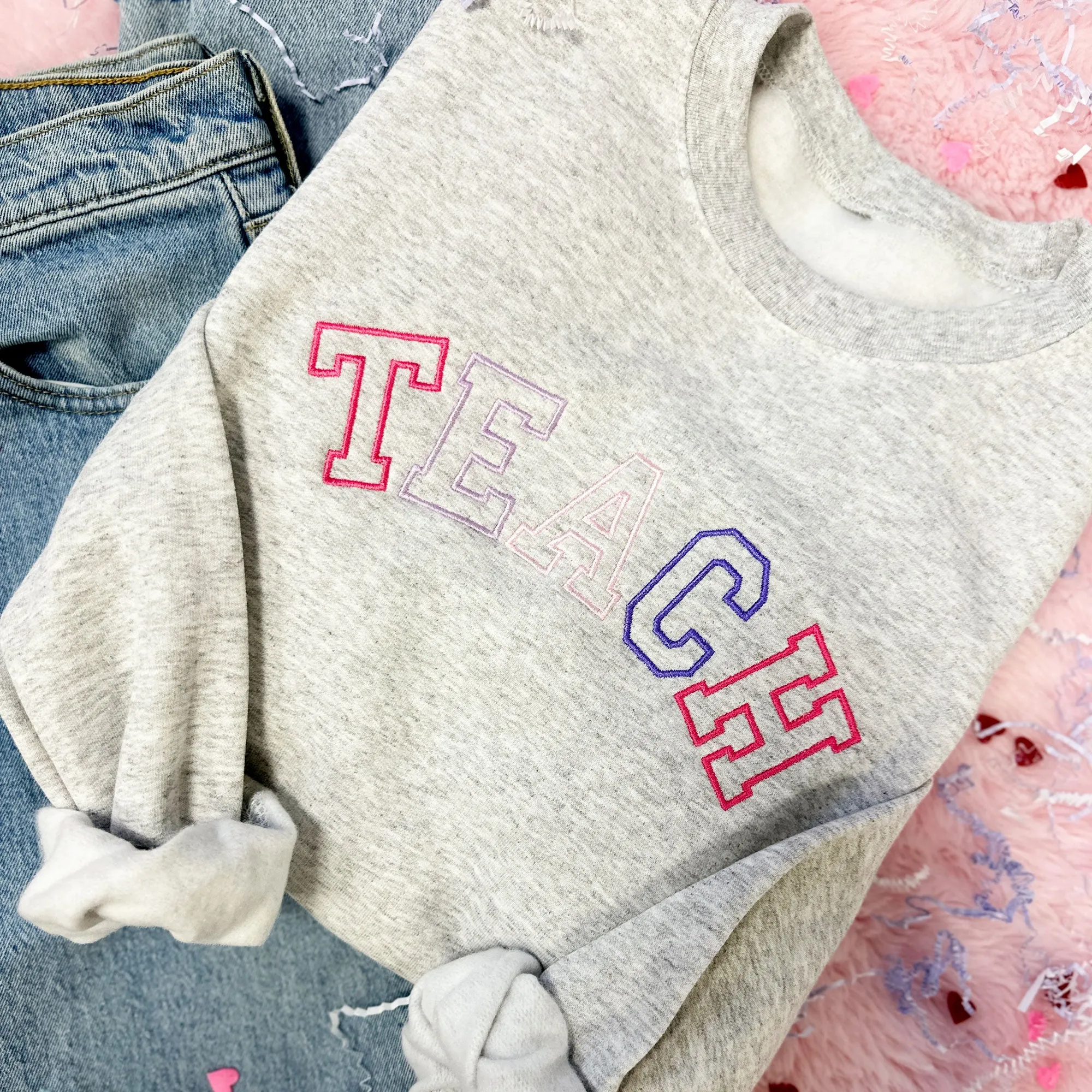 Pink-Purple Embroidered TEACH Athletic Block Gemma Sweatshirt