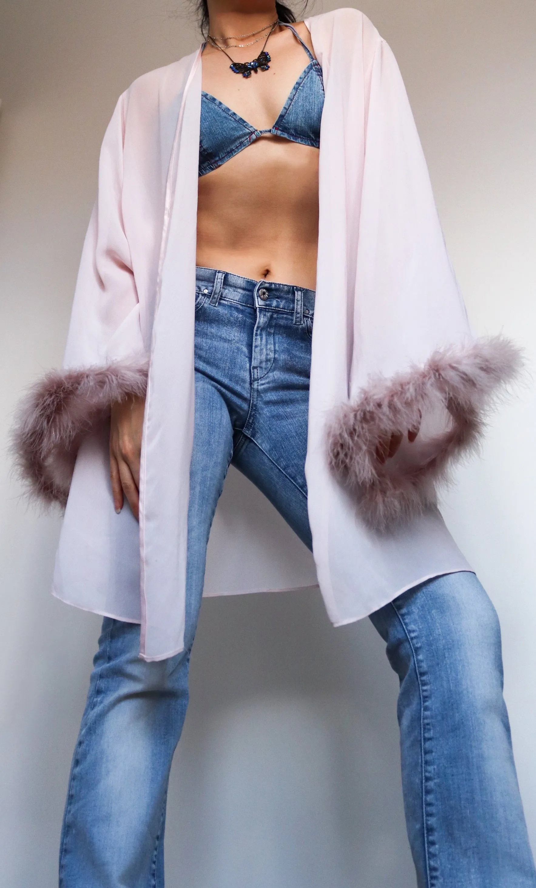 PINK SHEER CHIFFON FEATHER ROBE MARABOU FEATHER KIMONO JACKET ROBE WITH LARGE WIDE SLEEVES AND SATIN TIE