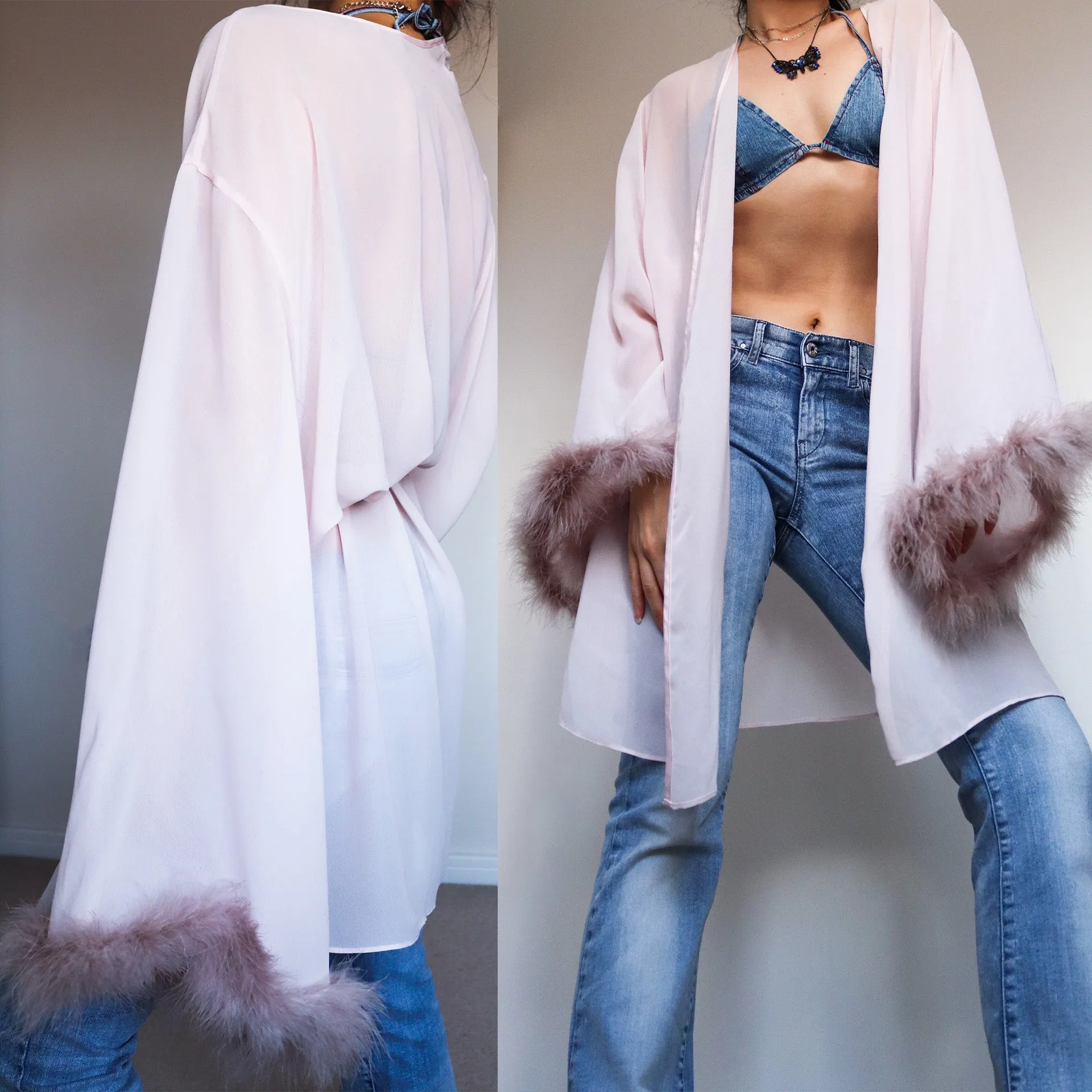 PINK SHEER CHIFFON FEATHER ROBE MARABOU FEATHER KIMONO JACKET ROBE WITH LARGE WIDE SLEEVES AND SATIN TIE