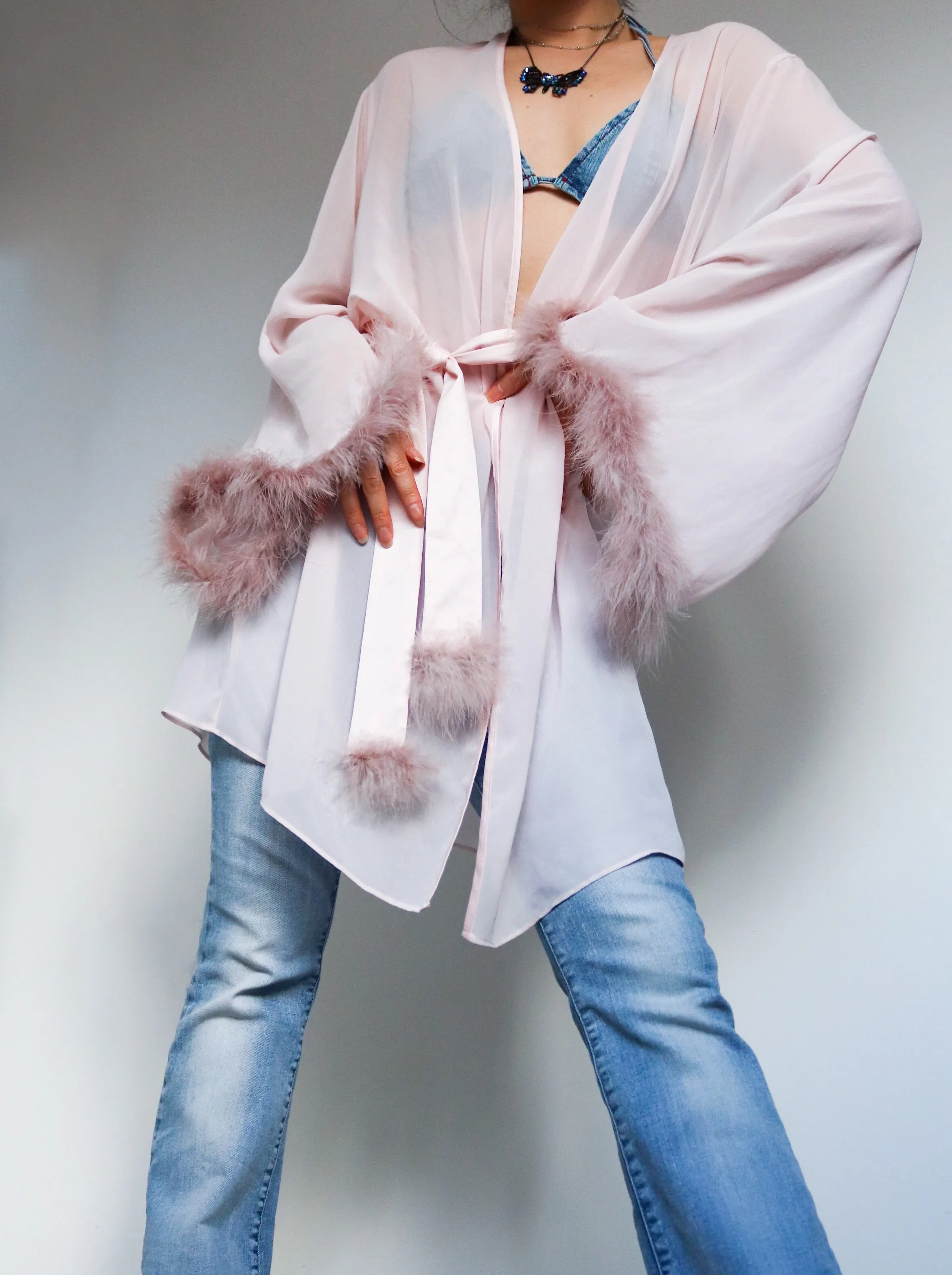 PINK SHEER CHIFFON FEATHER ROBE MARABOU FEATHER KIMONO JACKET ROBE WITH LARGE WIDE SLEEVES AND SATIN TIE