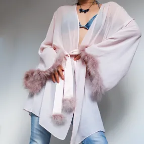 PINK SHEER CHIFFON FEATHER ROBE MARABOU FEATHER KIMONO JACKET ROBE WITH LARGE WIDE SLEEVES AND SATIN TIE