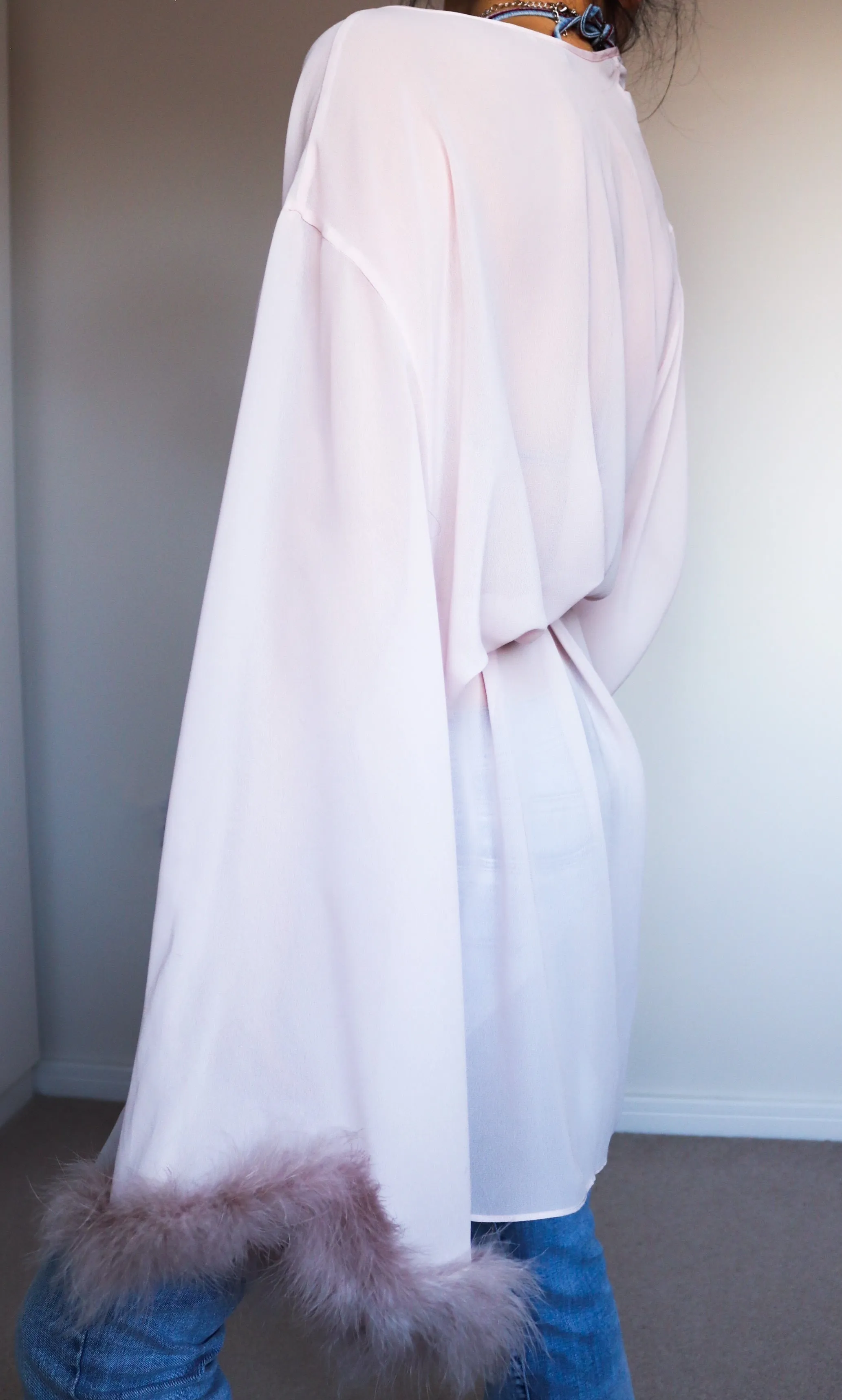 PINK SHEER CHIFFON FEATHER ROBE MARABOU FEATHER KIMONO JACKET ROBE WITH LARGE WIDE SLEEVES AND SATIN TIE