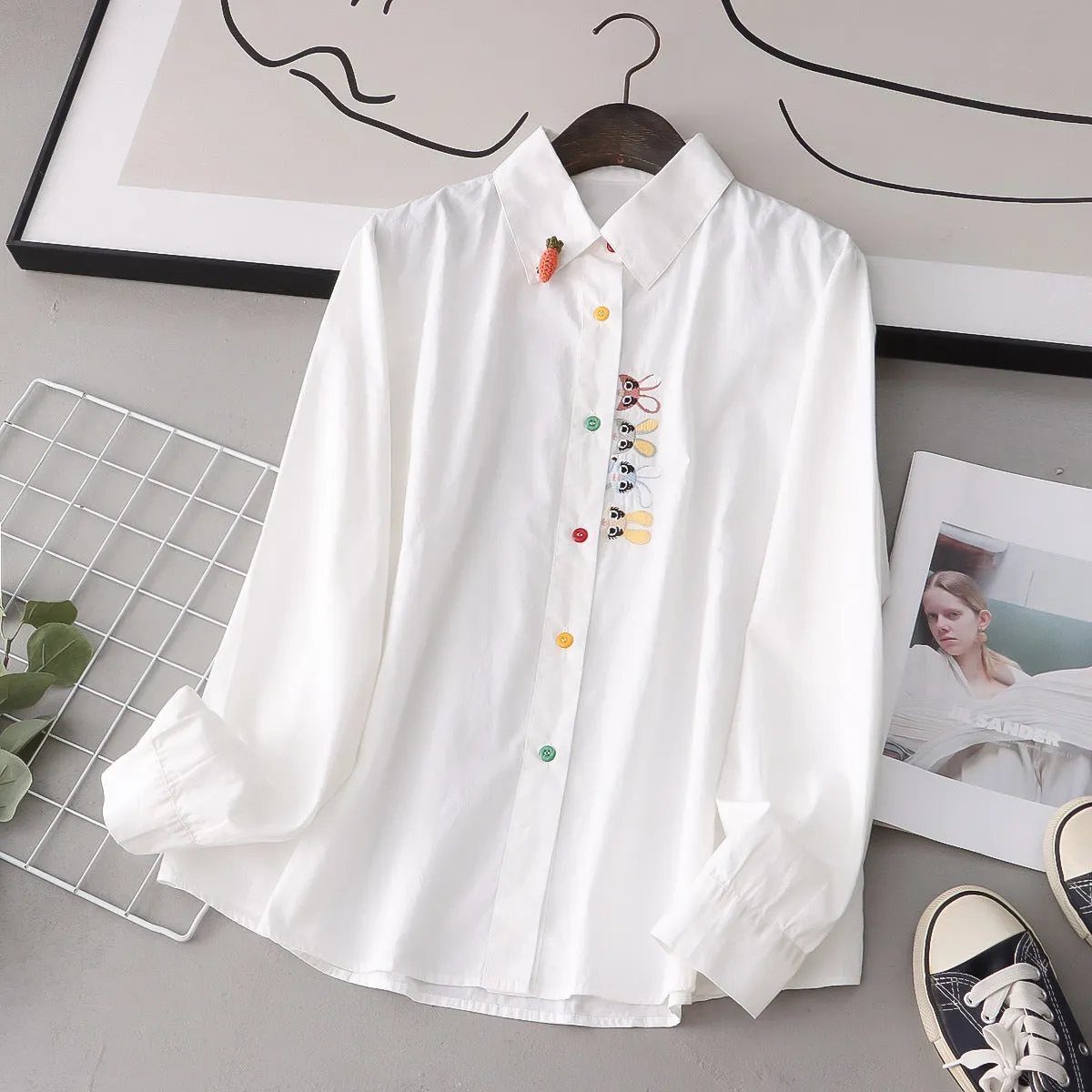 Placket Rabbit Embroidered Shirt