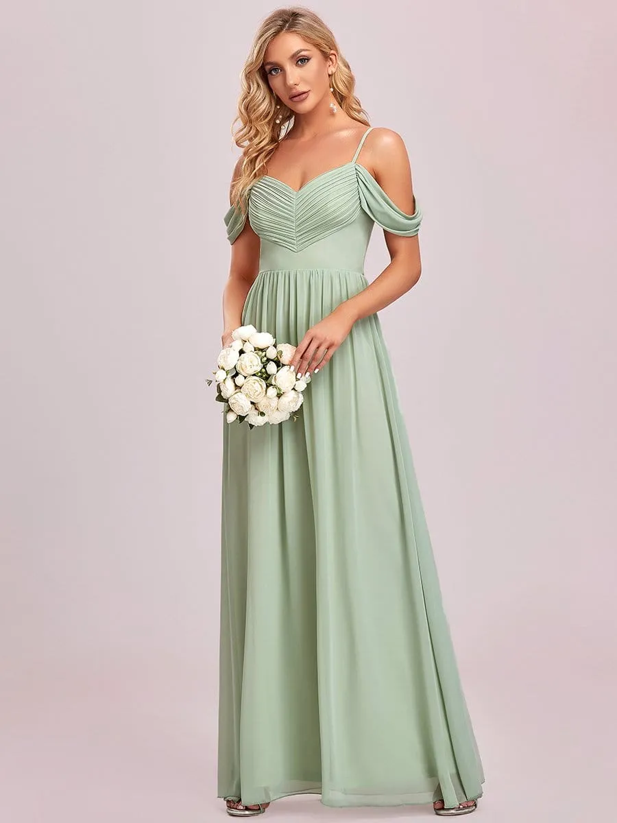 Pleated V-Neck Cold Shoulder Bridesmaid Dress