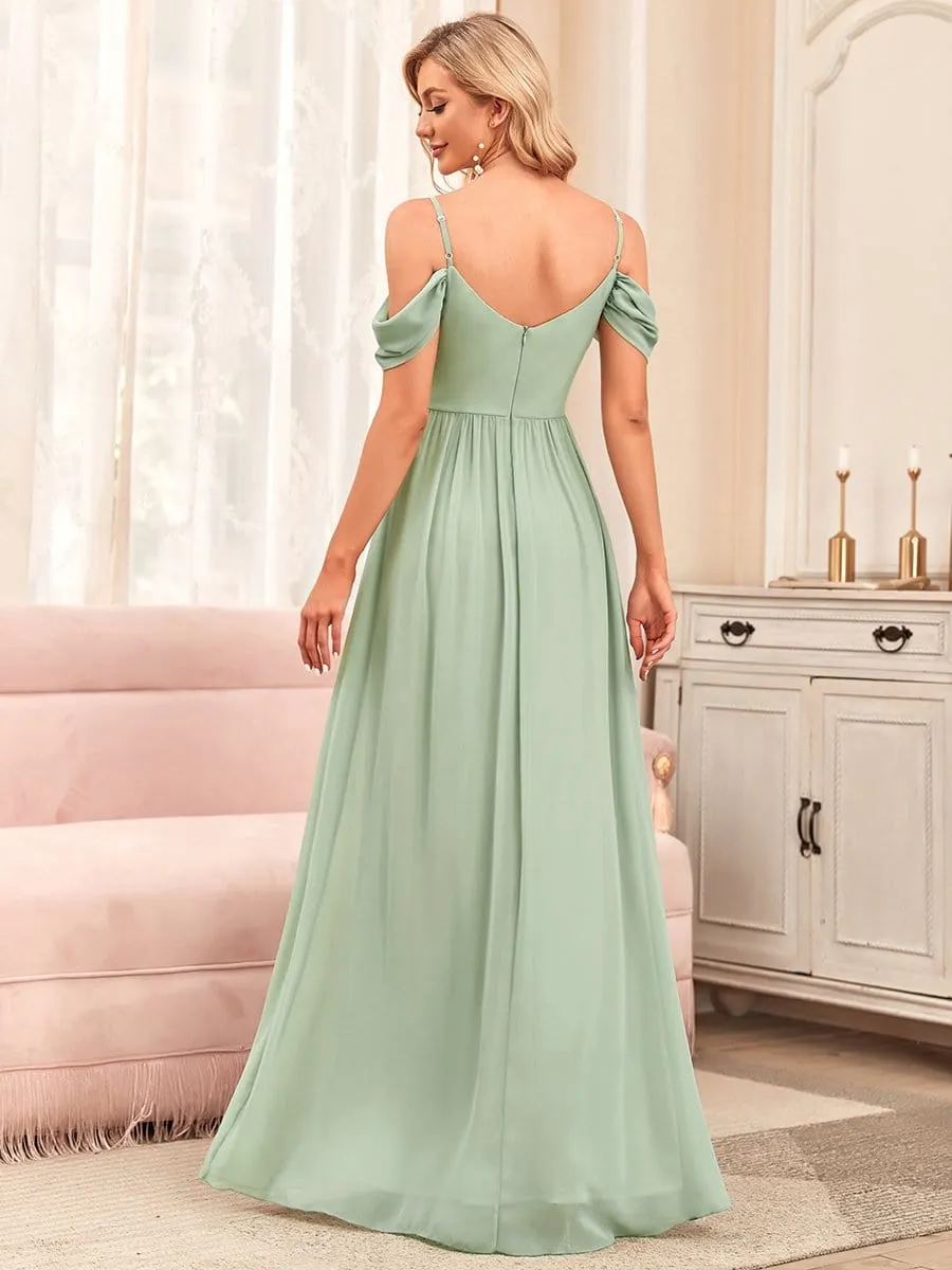 Pleated V-Neck Cold Shoulder Bridesmaid Dress