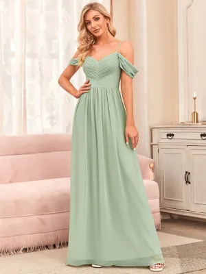 Pleated V-Neck Cold Shoulder Bridesmaid Dress