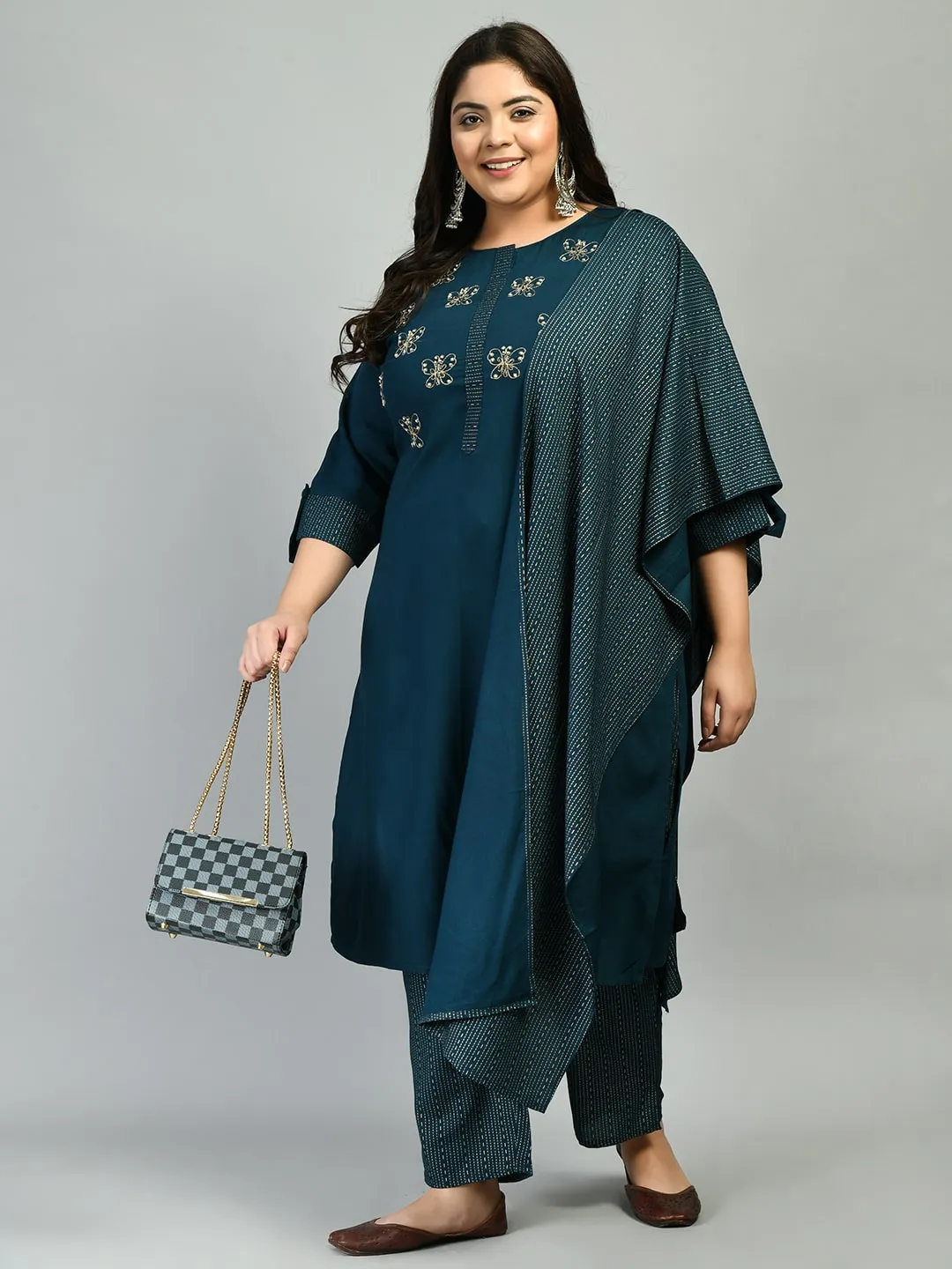 Plus Size Designer Butterfly  Kurta Pant Set with Dupatta