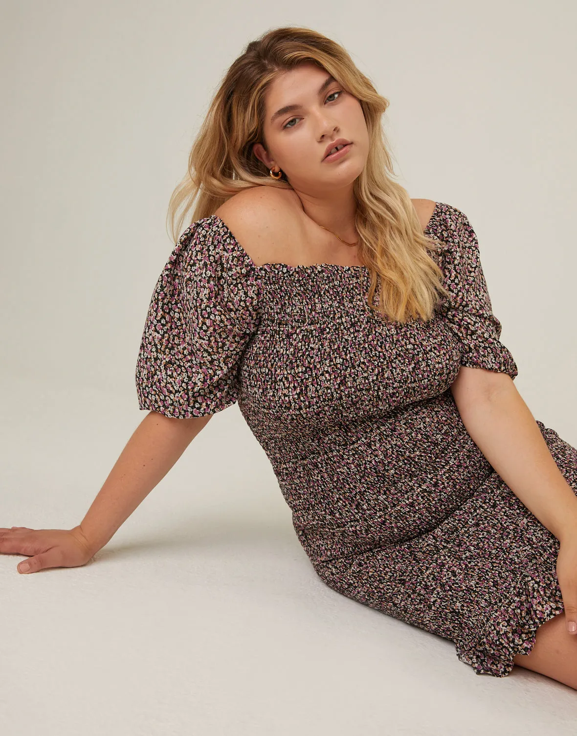 Plus Size Smocked Chiffon Mini Dress